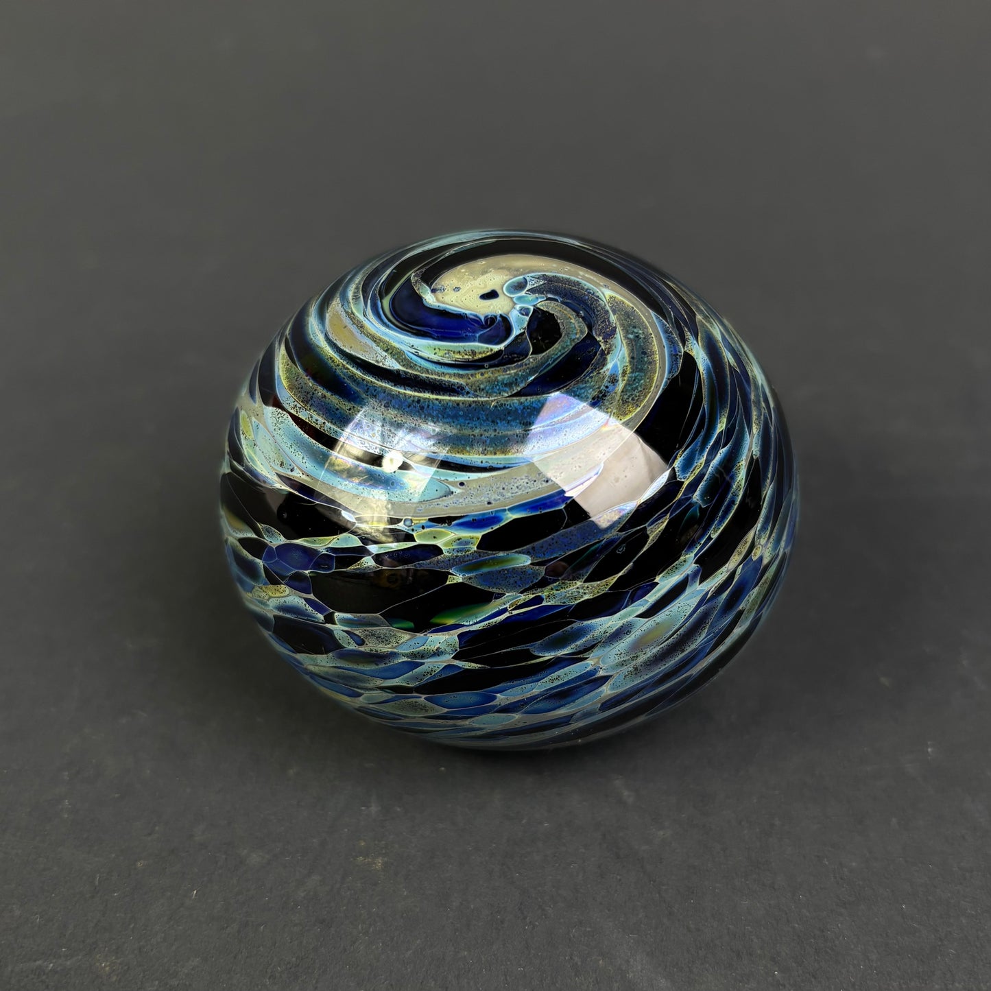 Signed Studio Art Glass Paperweight – Cobalt Blue Iridescent Swirl Design