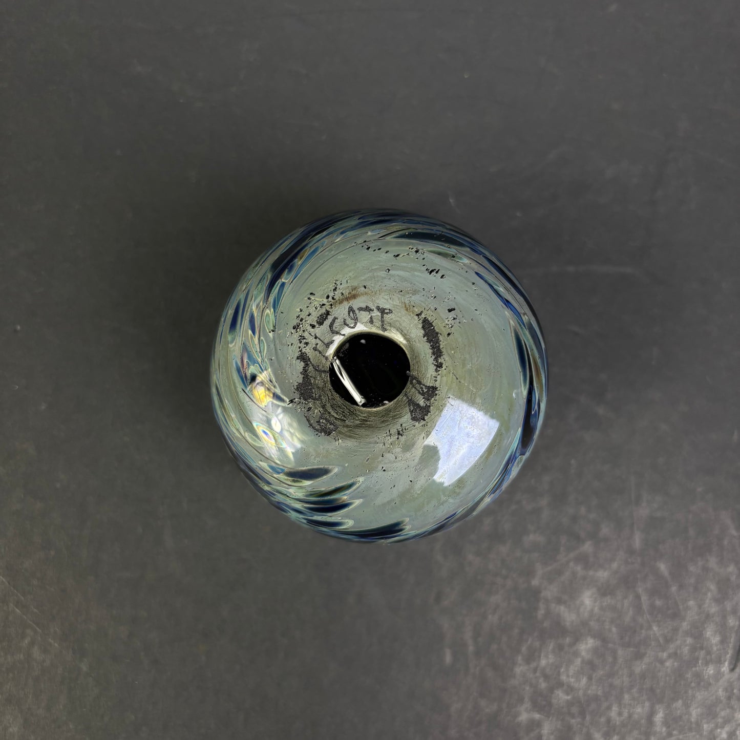 Signed Studio Art Glass Paperweight – Cobalt Blue Iridescent Swirl Design