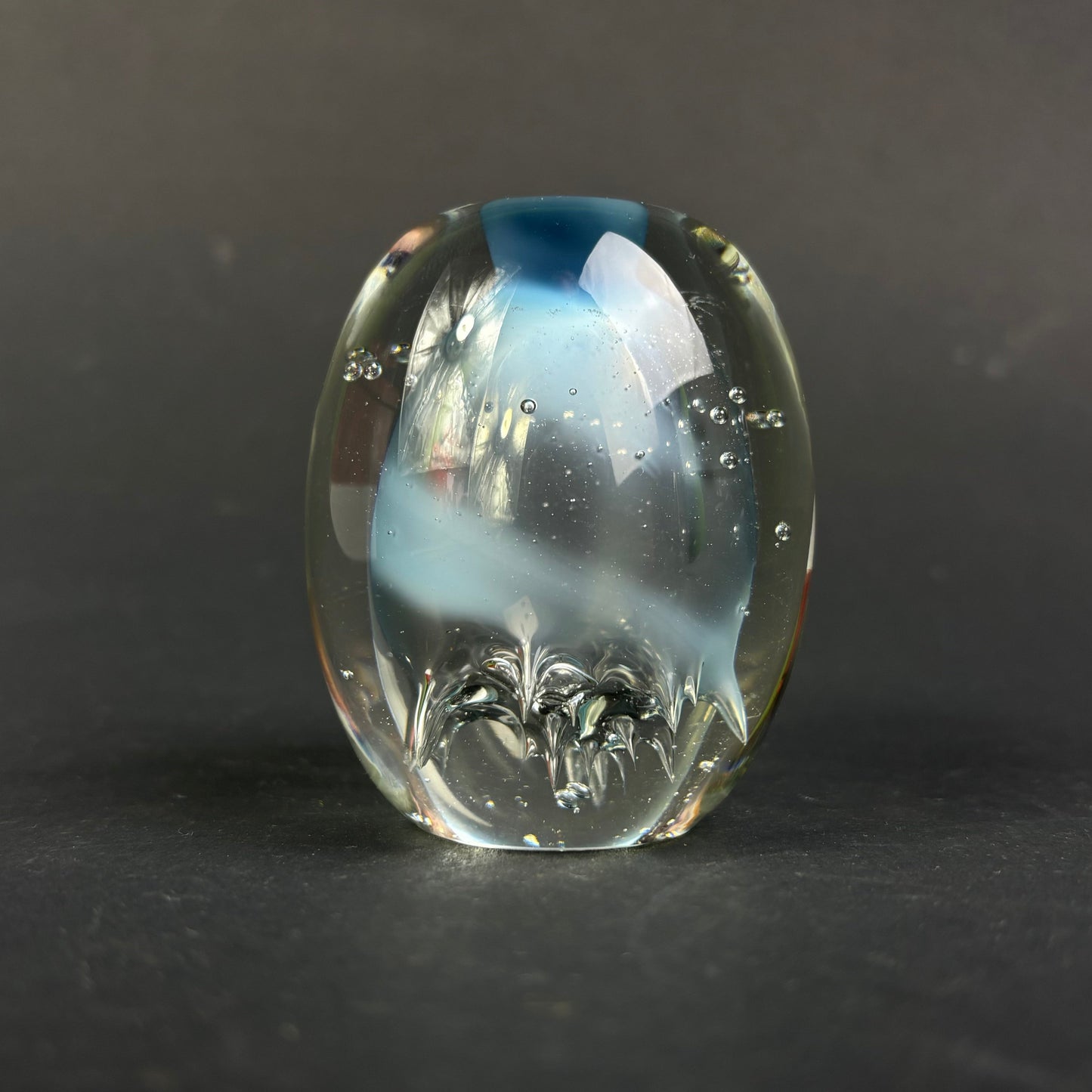 Signed Studio Art Glass Paperweight – Pale Blue Controlled Bubble Design