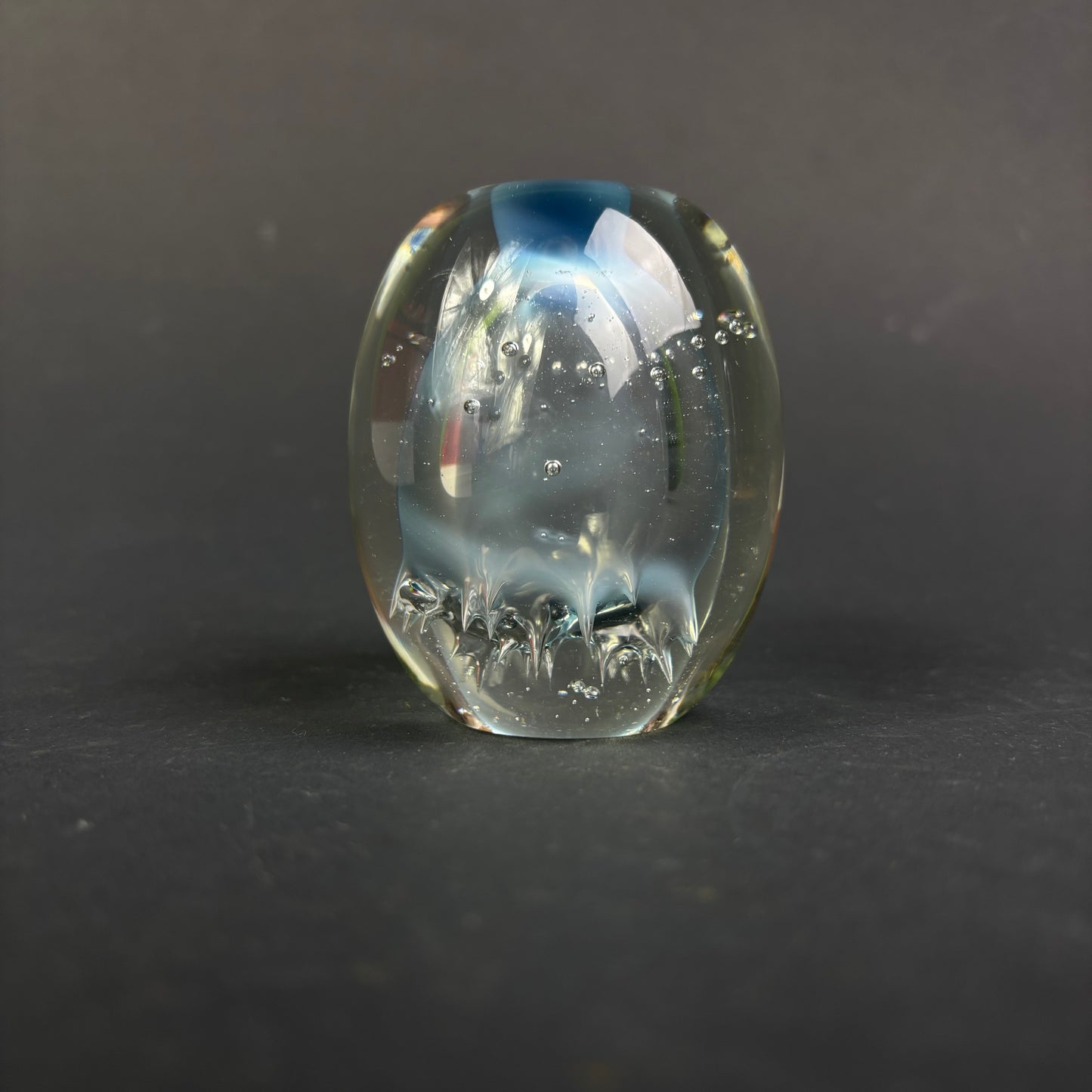 Signed Studio Art Glass Paperweight – Pale Blue Controlled Bubble Design