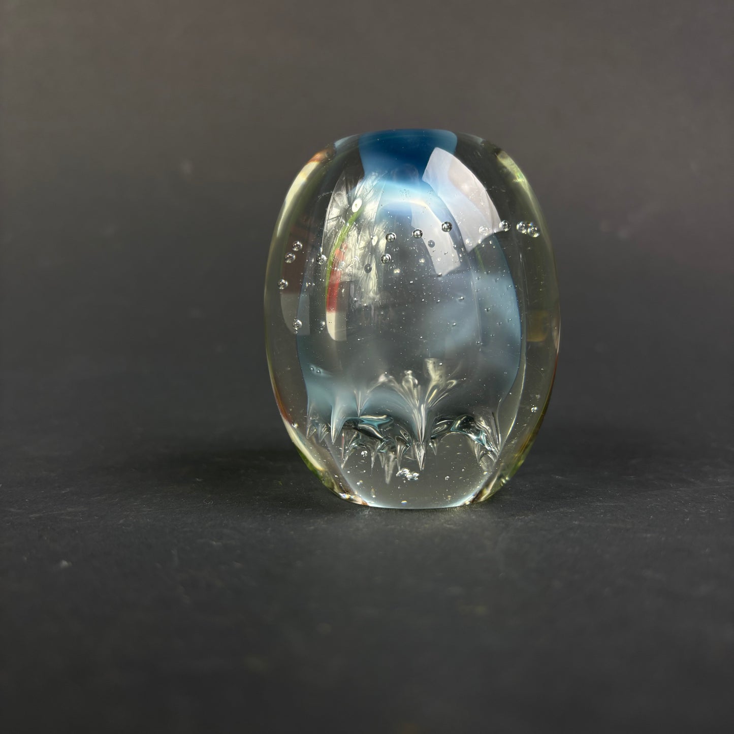 Signed Studio Art Glass Paperweight – Pale Blue Controlled Bubble Design