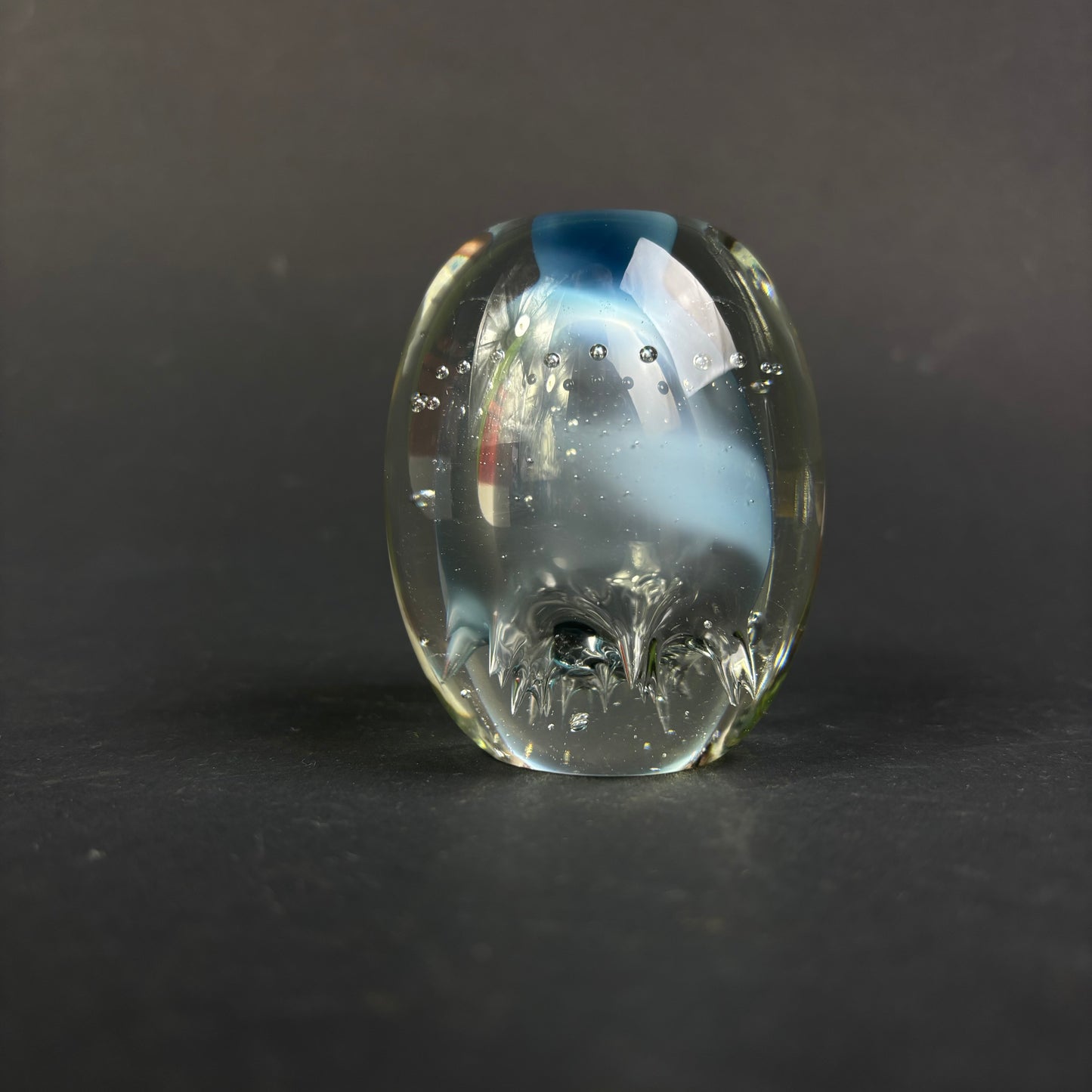 Signed Studio Art Glass Paperweight – Pale Blue Controlled Bubble Design