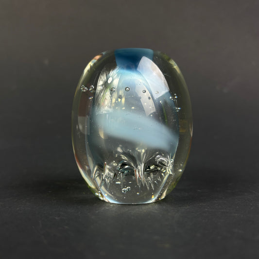 Signed Studio Art Glass Paperweight – Pale Blue Controlled Bubble Design