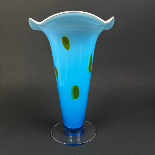 Vintage Murano Style Art Glass Trumpet Vase – Blue Opaline with Green Spots