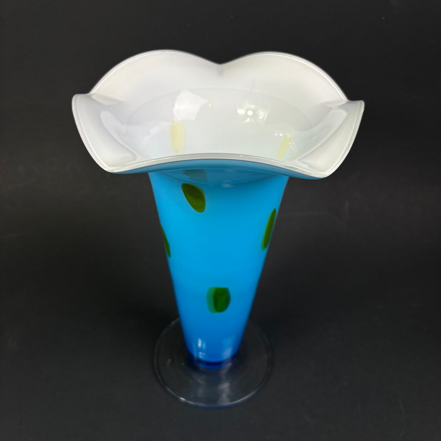 Vintage Murano Style Art Glass Trumpet Vase – Blue Opaline with Green Spots