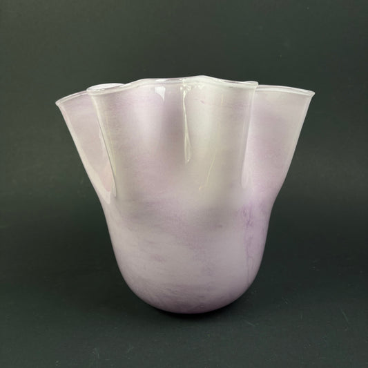 Large Hand-Blown Pink Art Glass Ruffle Vase