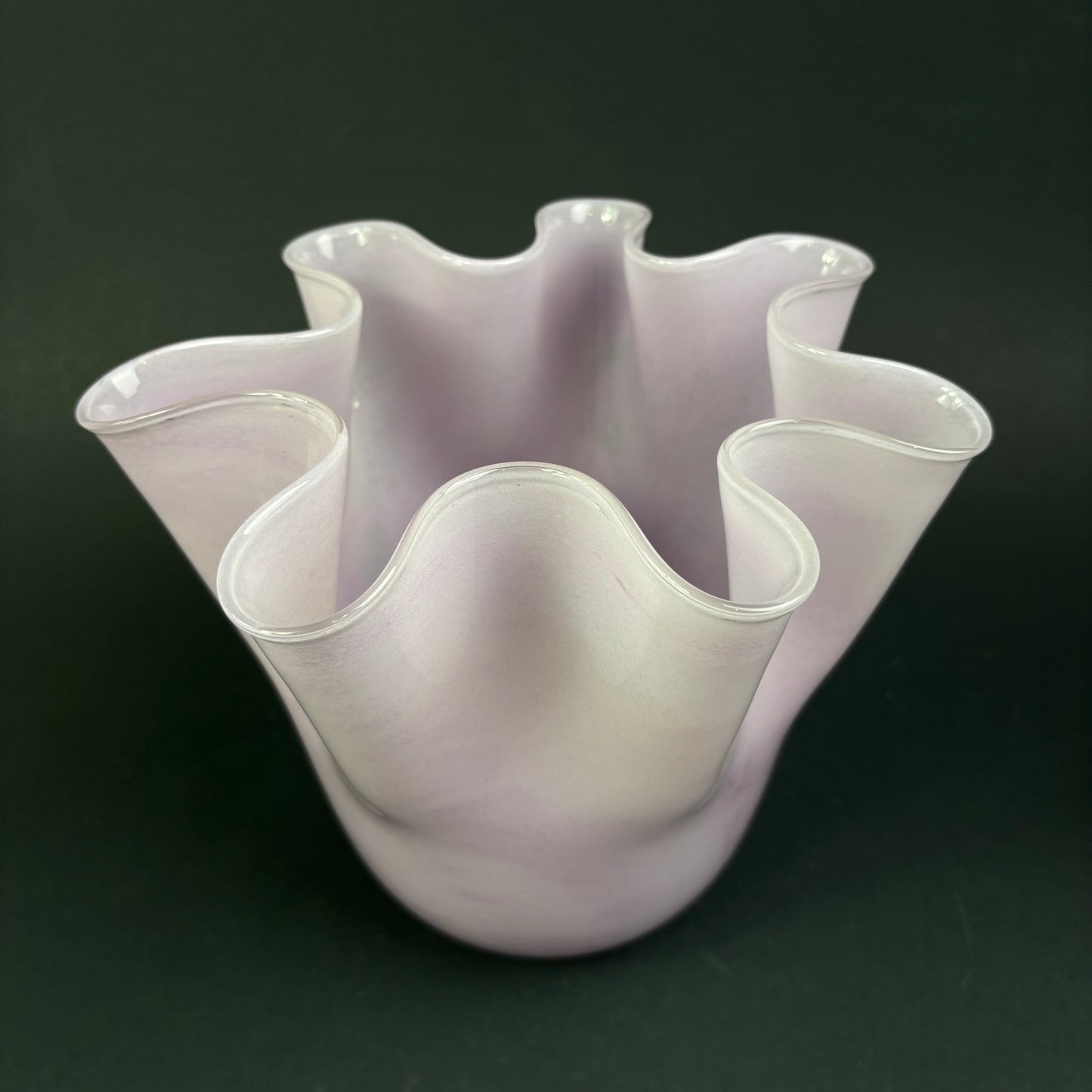 Large Hand-Blown Pink Art Glass Ruffle Vase
