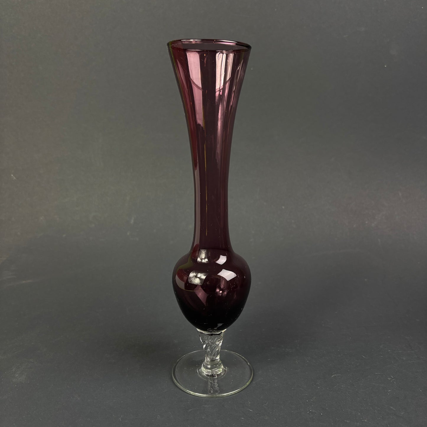 Vintage Amethyst Glass Bud Vase with Clear Twisted Stem
