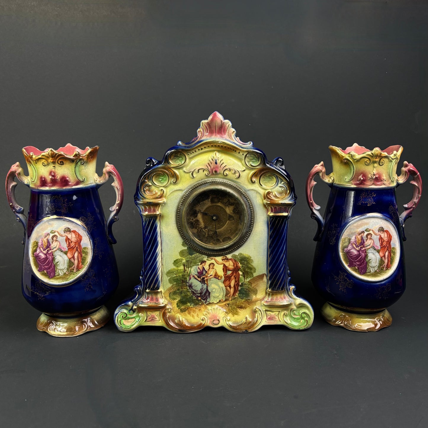 Antique Strasburg Ware Clock Garniture Set – Cobalt Blue Mantel Clock & Matching Vases
