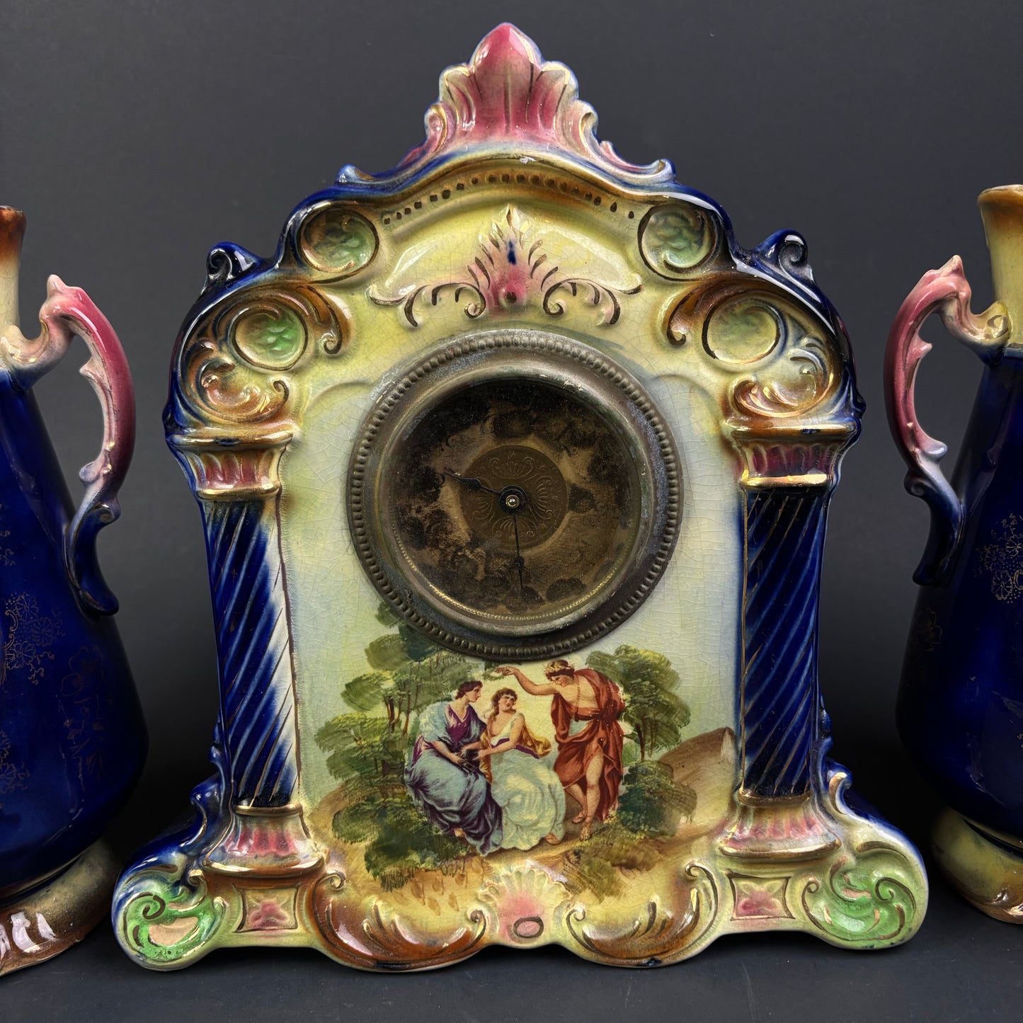 Antique Strasburg Ware Clock Garniture Set – Cobalt Blue Mantel Clock & Matching Vases