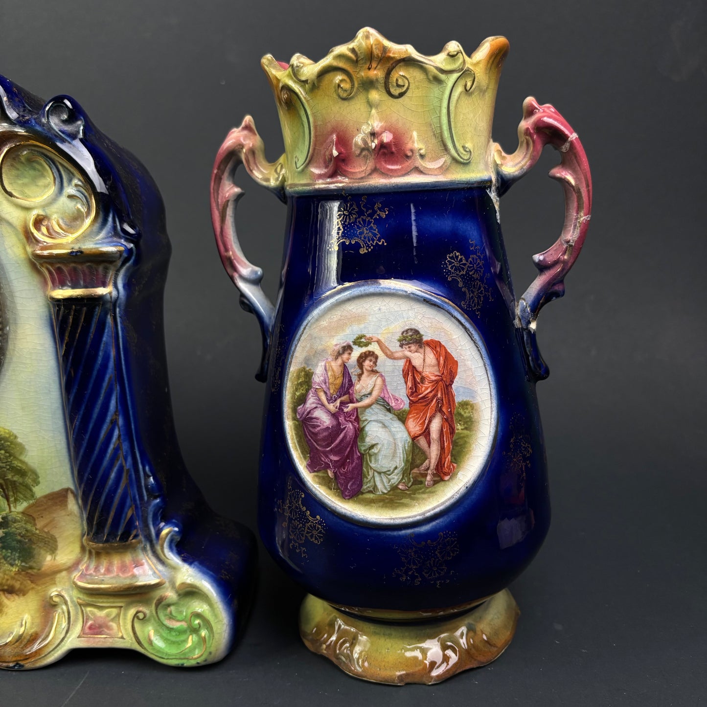 Antique Strasburg Ware Clock Garniture Set – Cobalt Blue Mantel Clock & Matching Vases