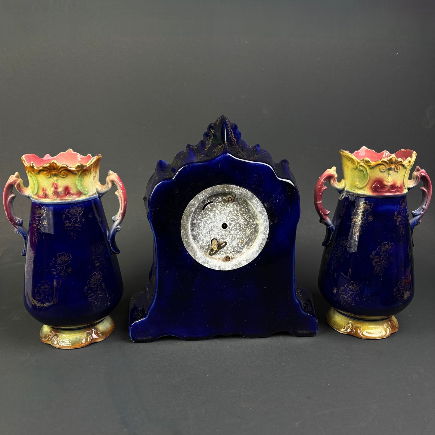 Antique Strasburg Ware Clock Garniture Set – Cobalt Blue Mantel Clock & Matching Vases