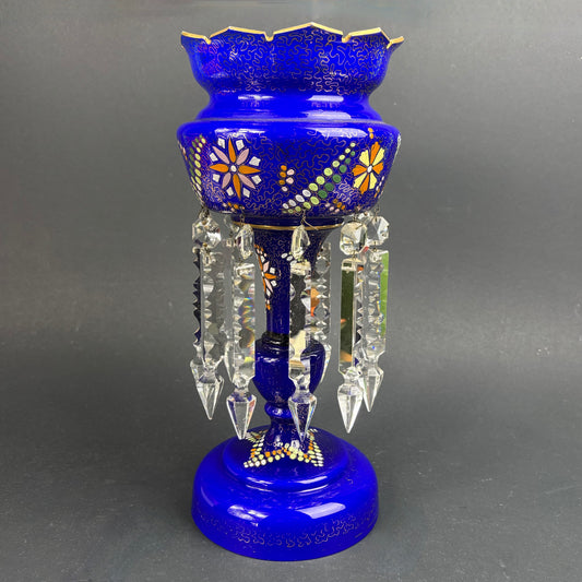 Large Cobalt Blue Bohemian Style Lustre Vase with Crystal Prisms c.1900