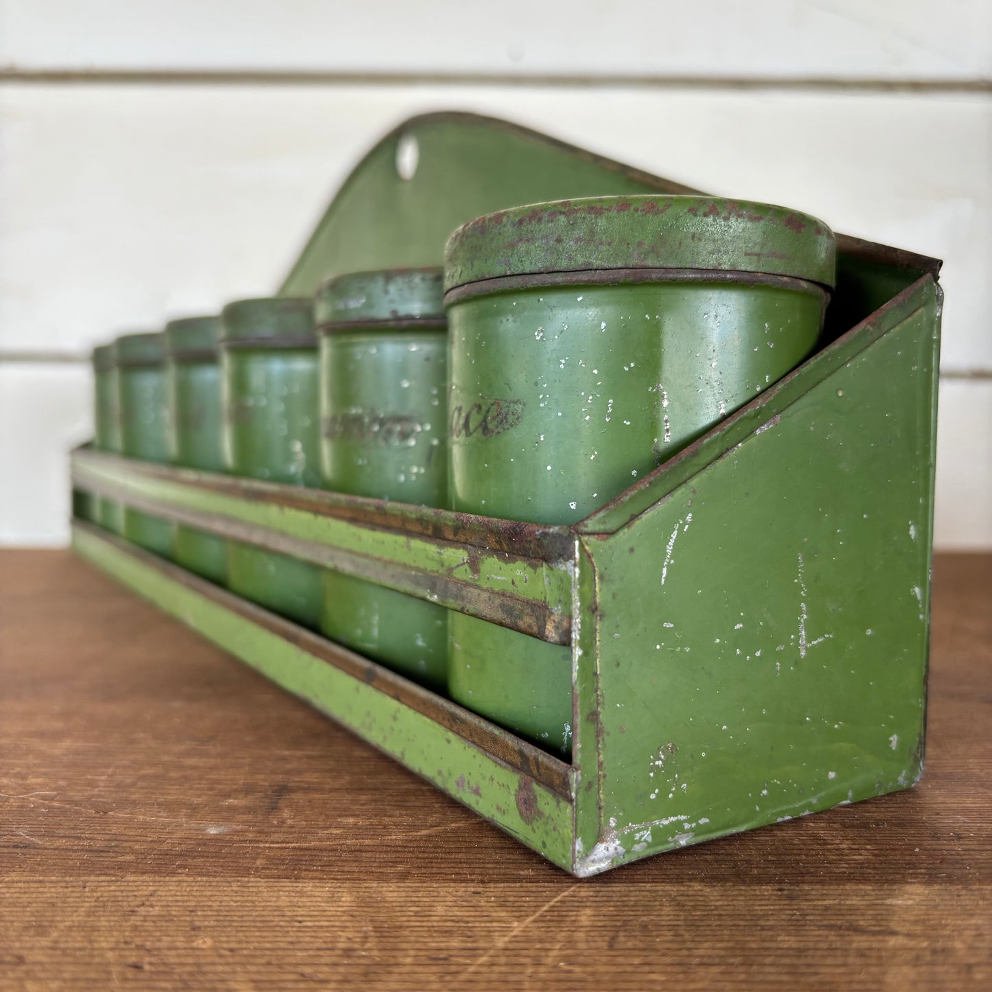 Vintage Green Tin Spice Rack with Canisters