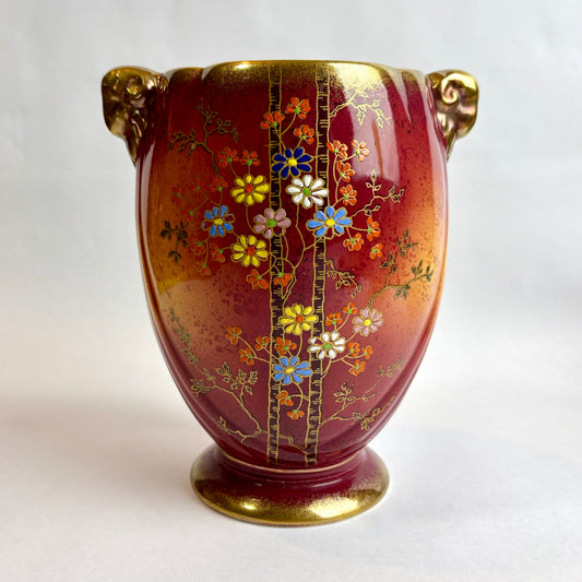 Crown Devon Fieldings Vase – Red & Gold with Enamelled Blossom (c. 1930s)
