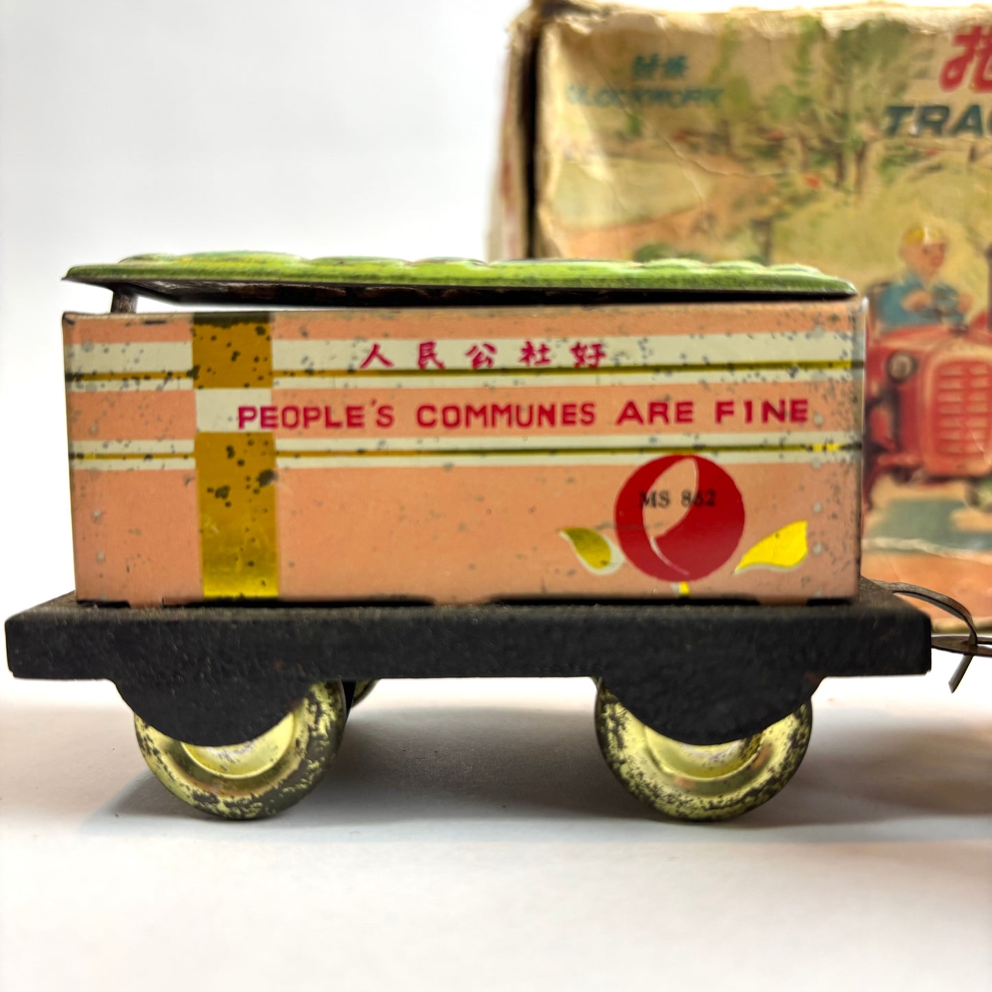 Vintage Chinese Tinplate Tractor with Trailer – “The East is Red” (c.1960s–70s)
