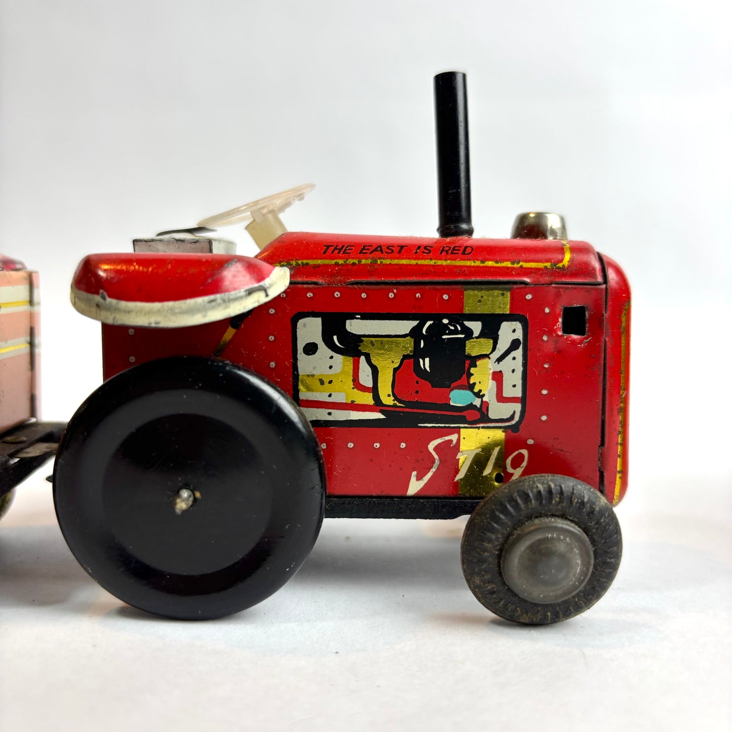Vintage Chinese Tinplate Tractor with Trailer – “The East is Red” (c.1960s–70s)