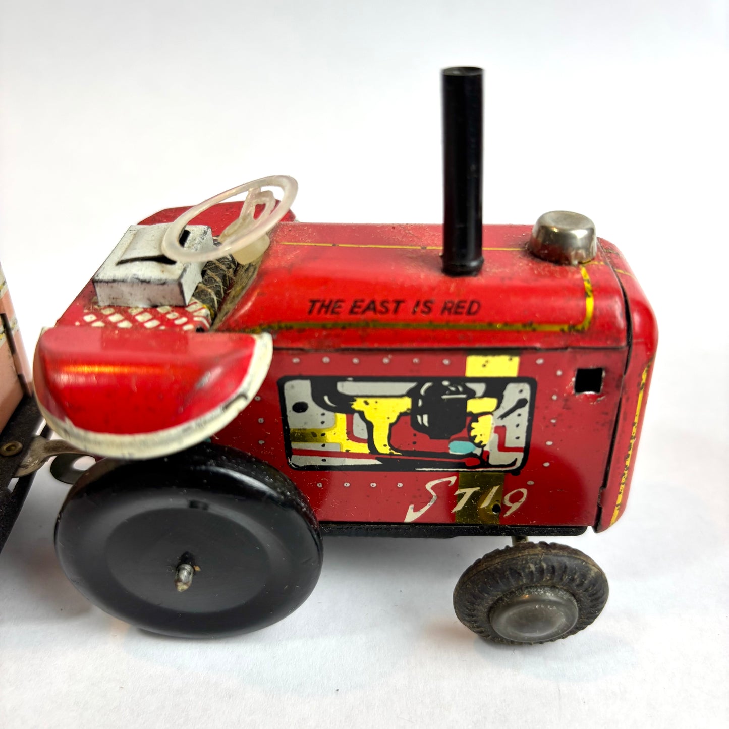 Vintage Chinese Tinplate Tractor with Trailer – “The East is Red” (c.1960s–70s)