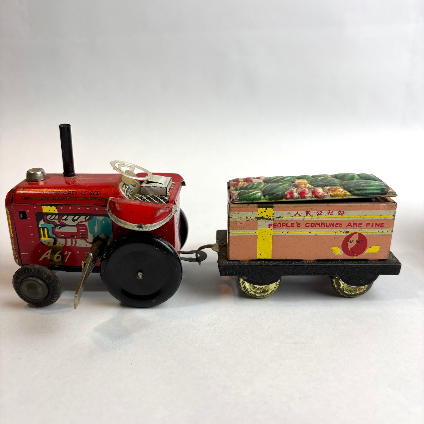 Vintage Chinese Tinplate Tractor with Trailer – “The East is Red” (c.1960s–70s)
