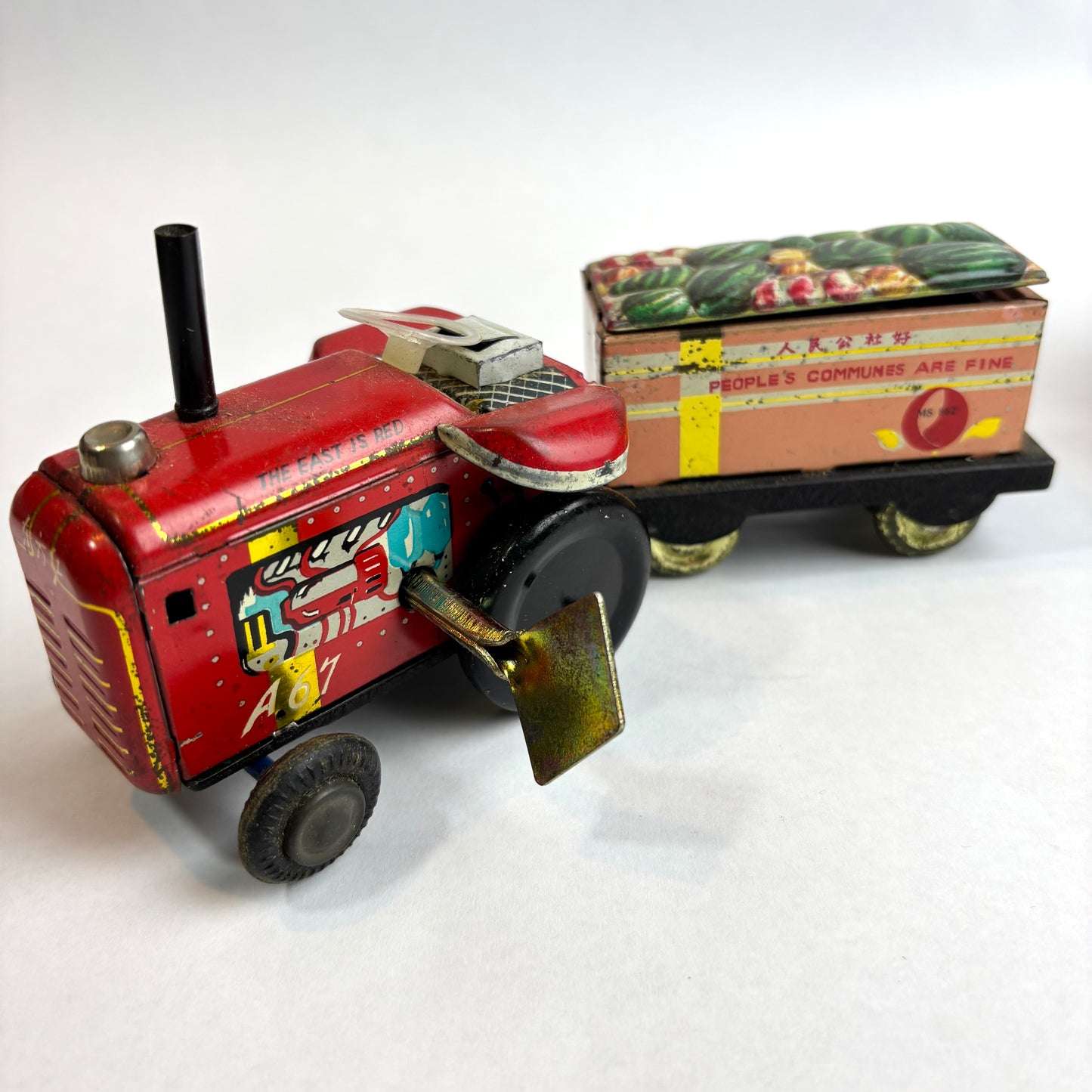 Vintage Chinese Tinplate Tractor with Trailer – “The East is Red” (c.1960s–70s)