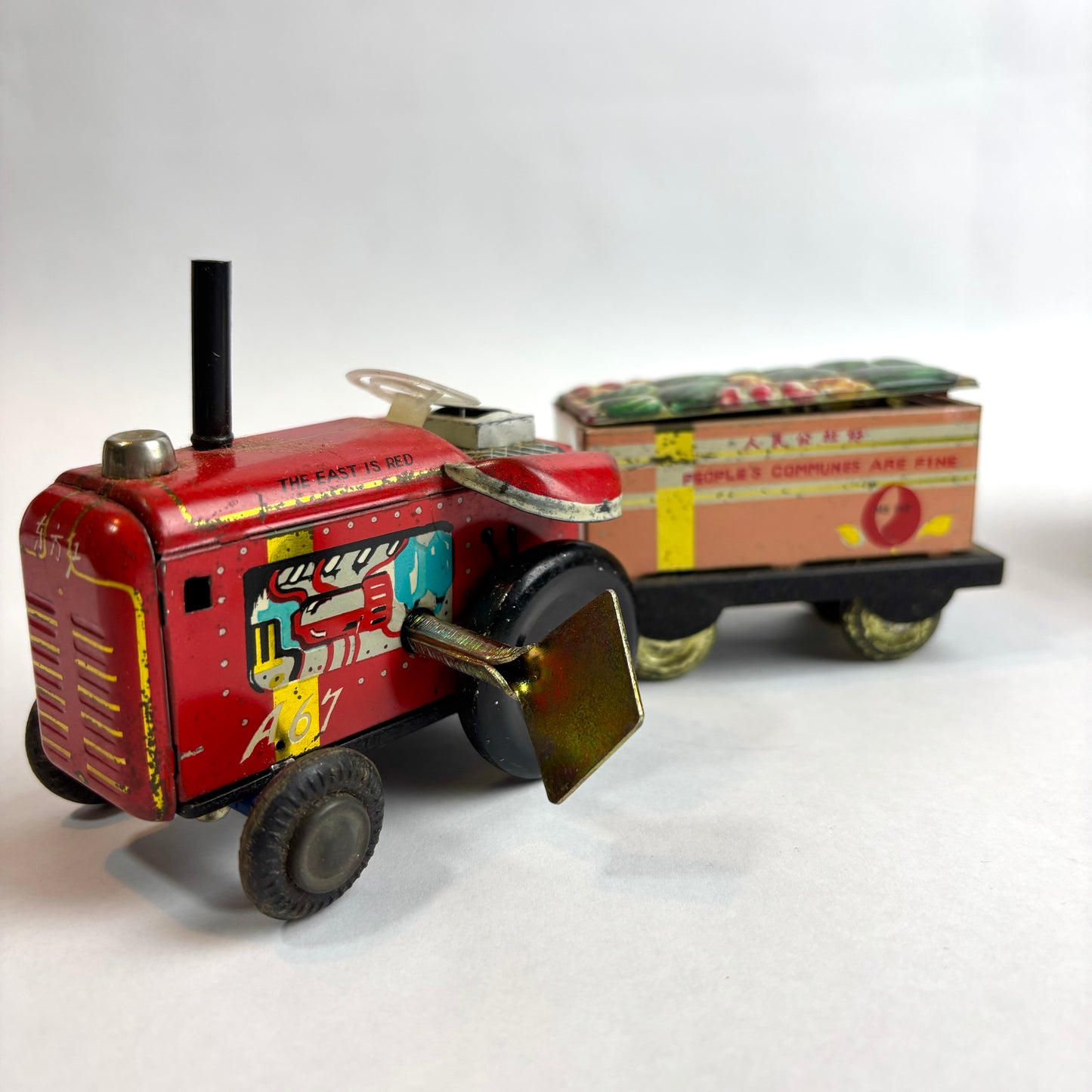 Vintage Chinese Tinplate Tractor with Trailer – “The East is Red” (c.1960s–70s)