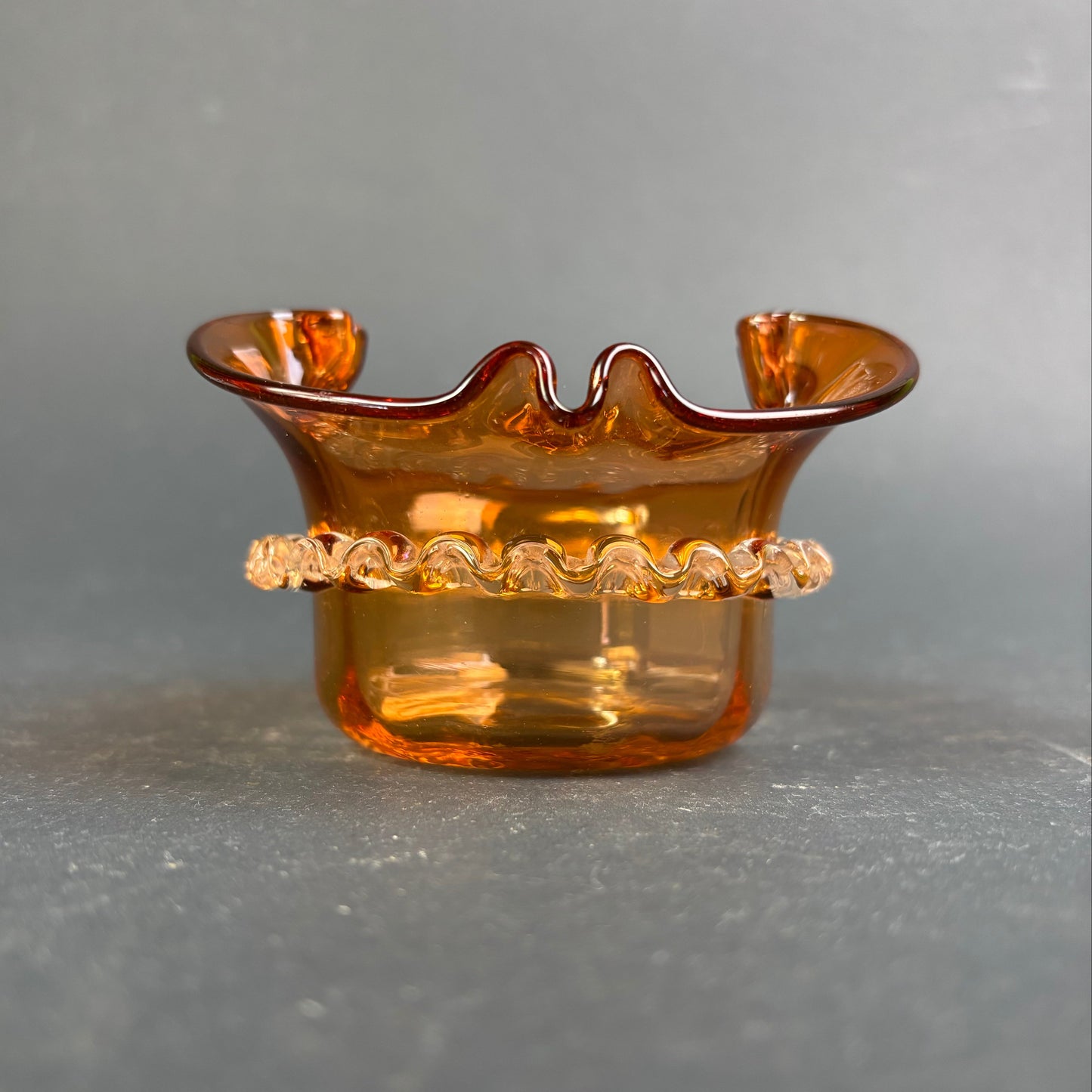 Vintage Italian Murano Amber Art Glass Ashtray with Applied Clear Rigaree Trail c.1960s