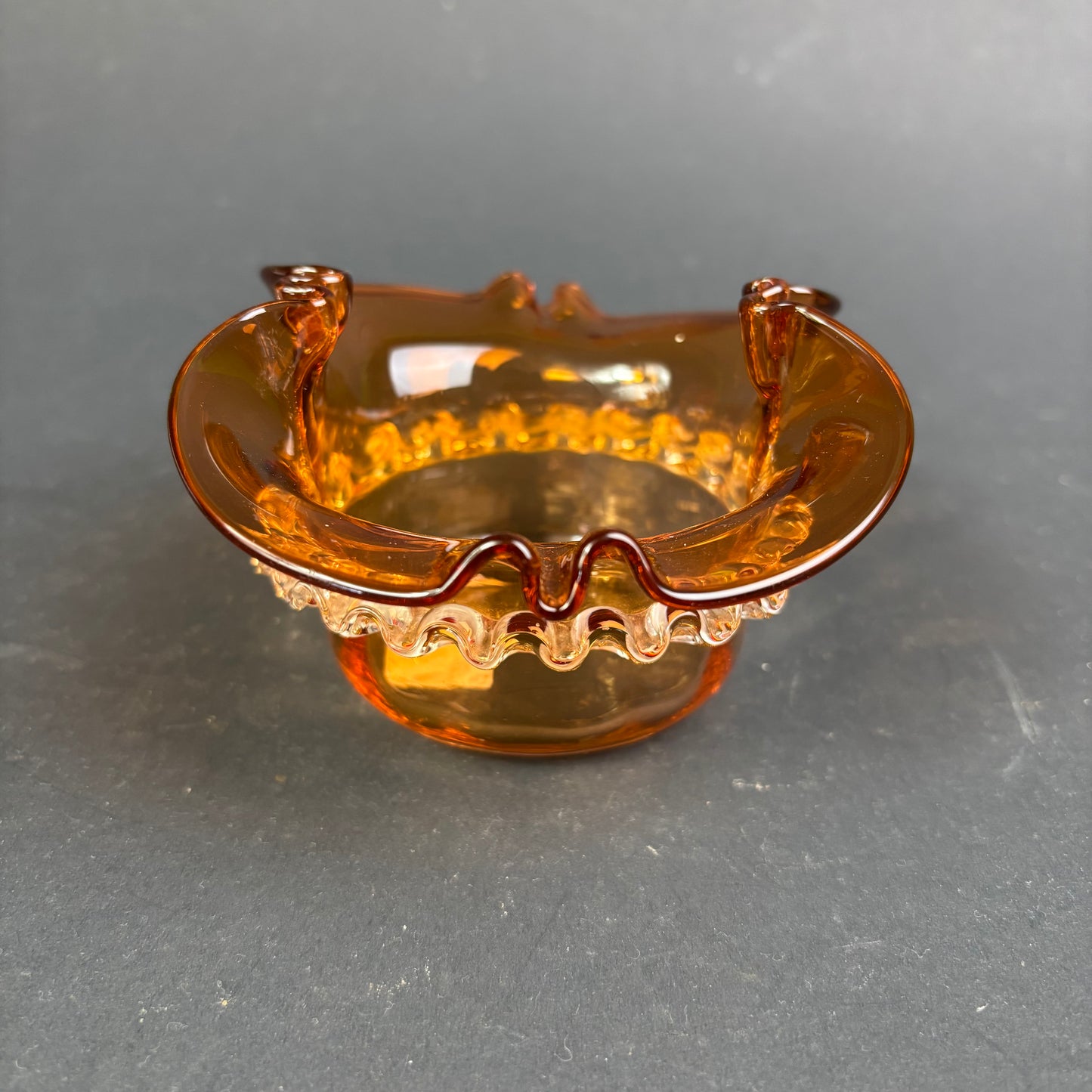 Vintage Italian Murano Amber Art Glass Ashtray with Applied Clear Rigaree Trail c.1960s