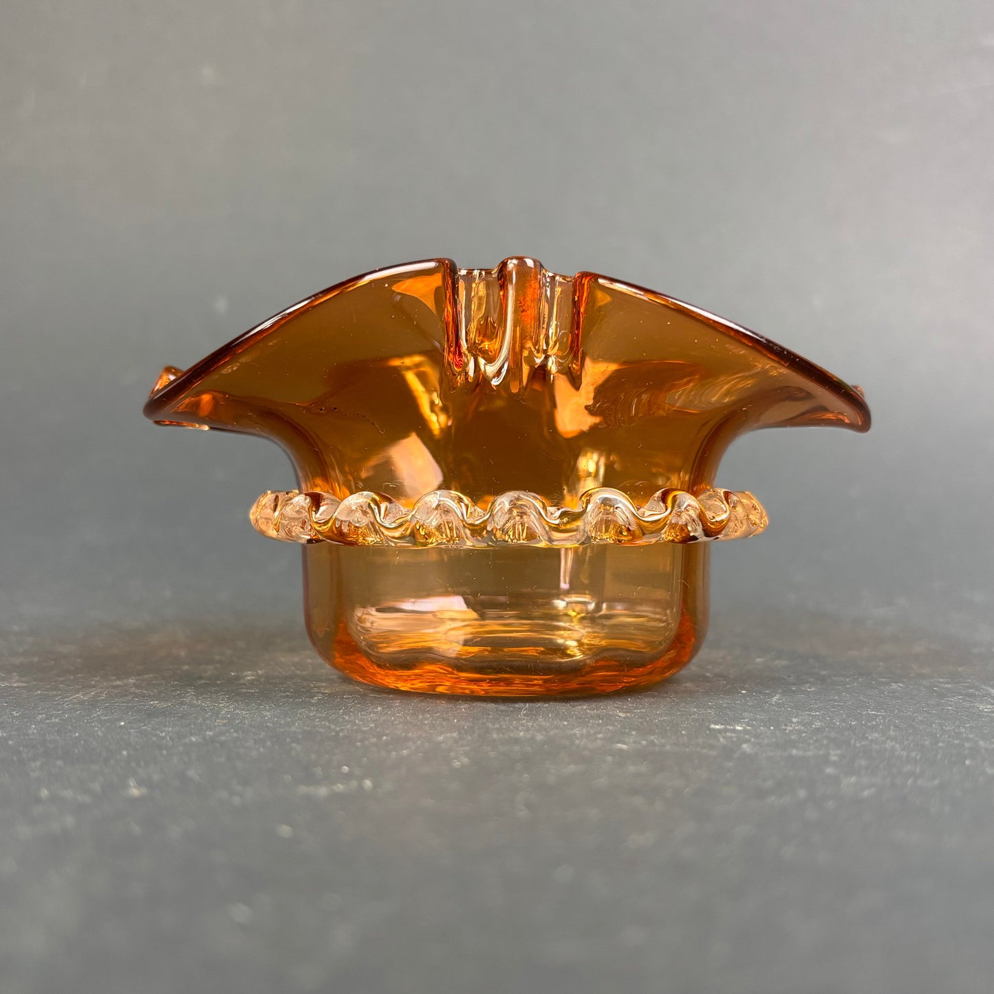 Vintage Italian Murano Amber Art Glass Ashtray with Applied Clear Rigaree Trail c.1960s