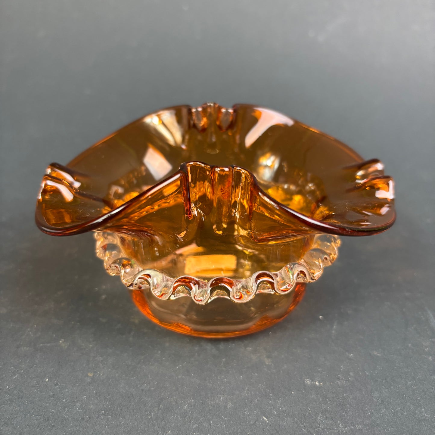 Vintage Italian Murano Amber Art Glass Ashtray with Applied Clear Rigaree Trail c.1960s
