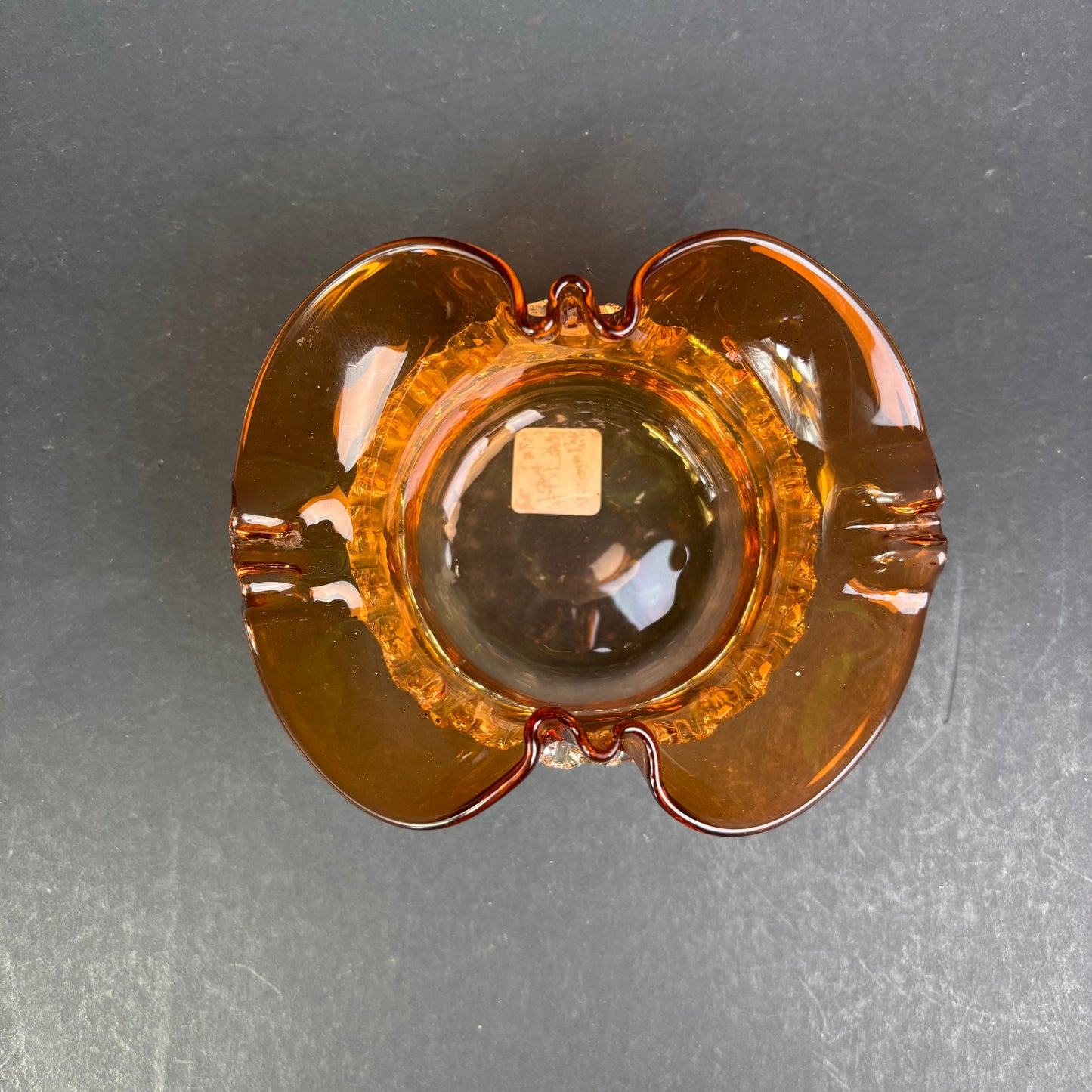 Vintage Italian Murano Amber Art Glass Ashtray with Applied Clear Rigaree Trail c.1960s