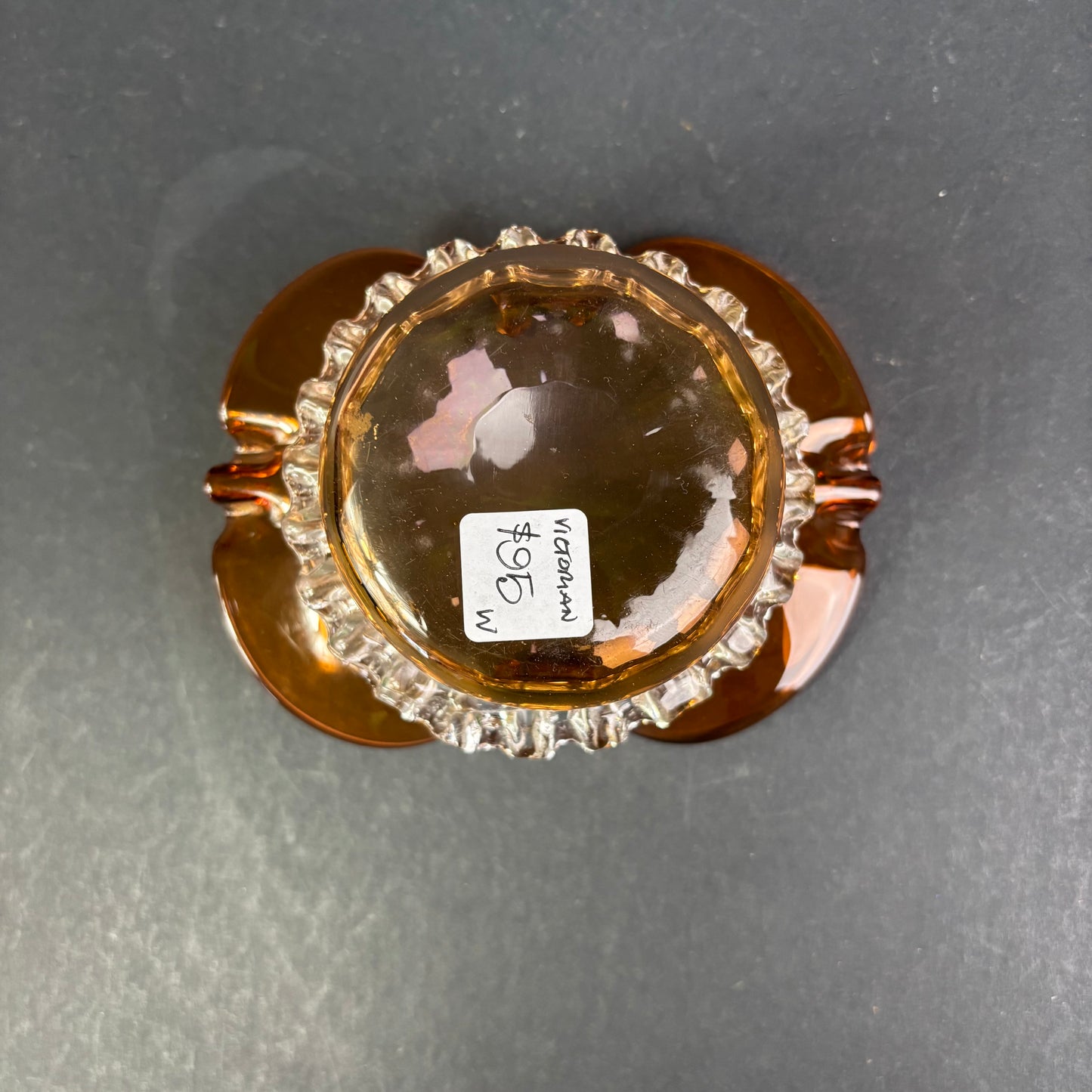 Vintage Italian Murano Amber Art Glass Ashtray with Applied Clear Rigaree Trail c.1960s