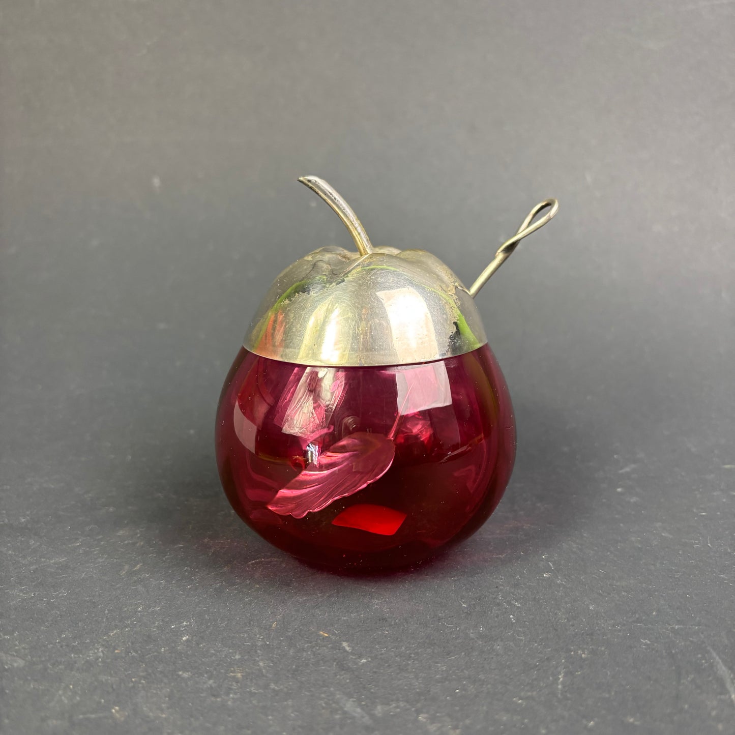 Vintage Ruby Red Glass Apple Preserve Pot with EPNS Lid & Spoon