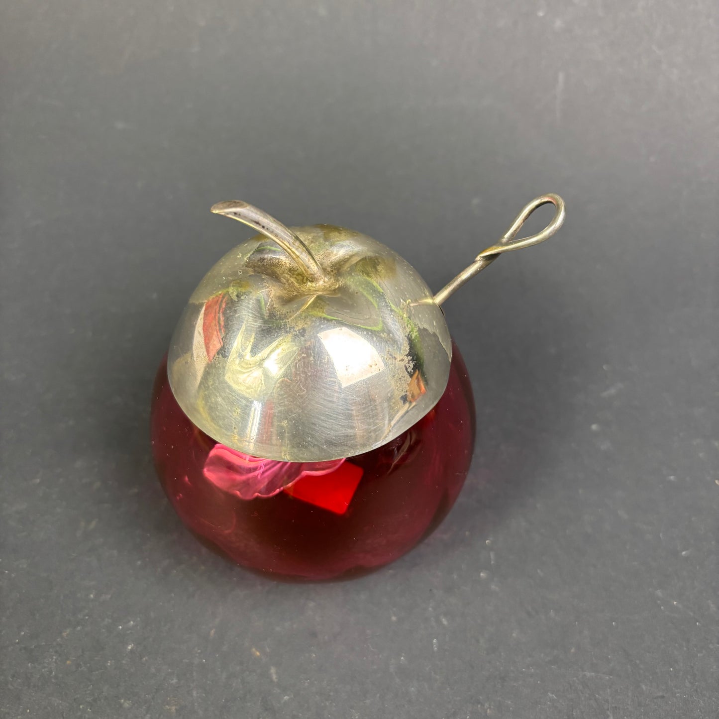 Vintage Ruby Red Glass Apple Preserve Pot with EPNS Lid & Spoon