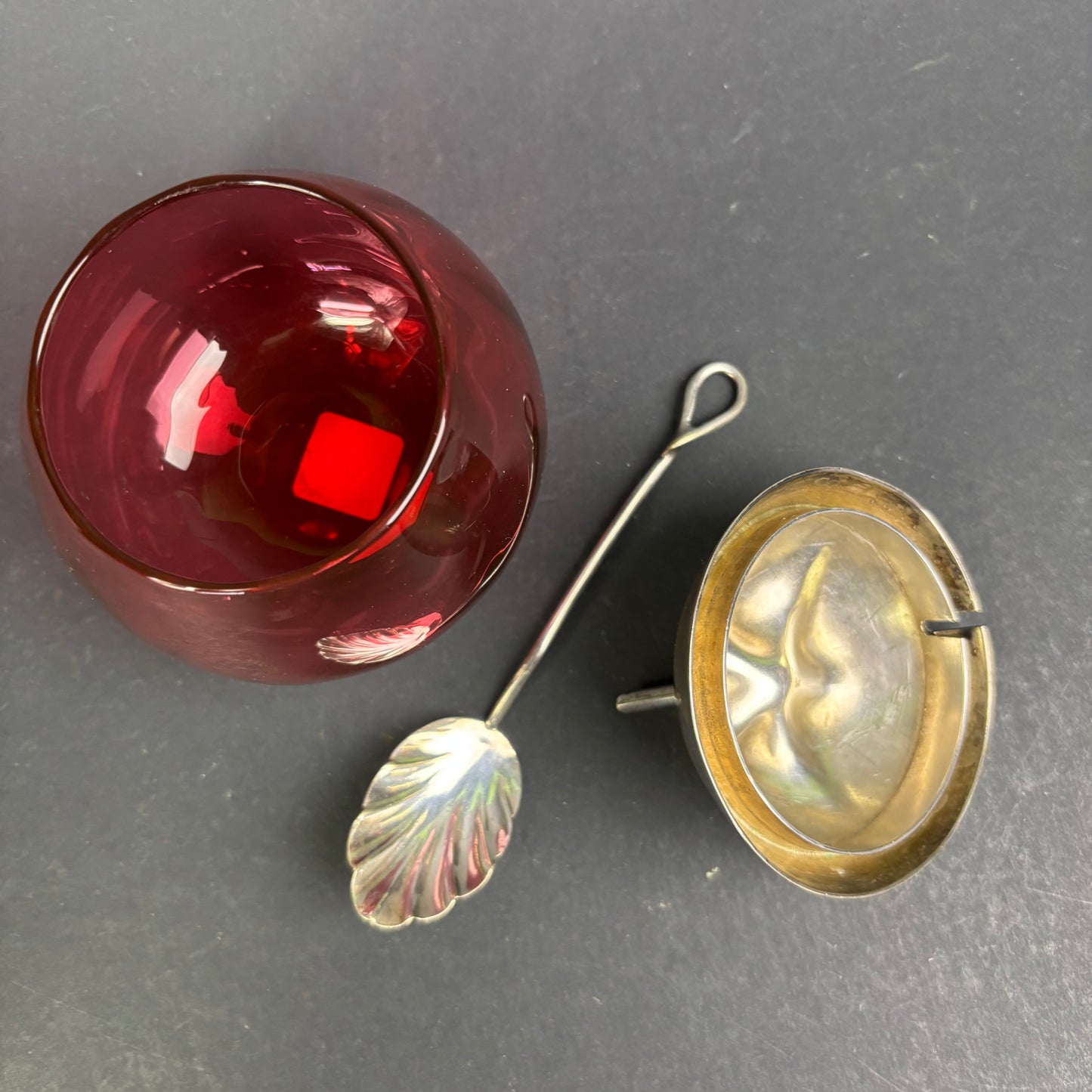 Vintage Ruby Red Glass Apple Preserve Pot with EPNS Lid & Spoon