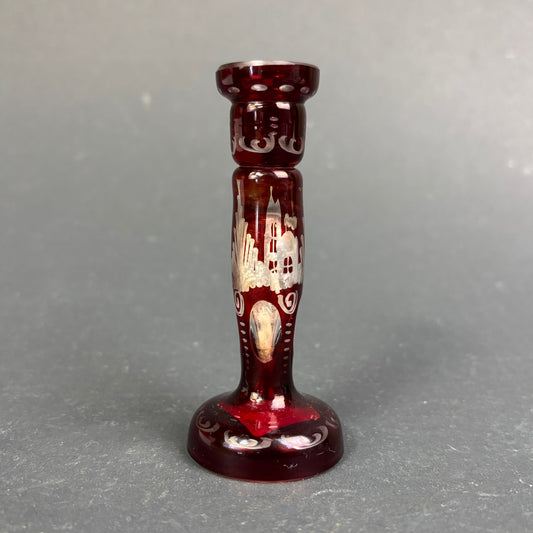 Vintage Bohemian Ruby Flash Glass Etched Candlestick – Cottage & Vine Decoration – 10cm