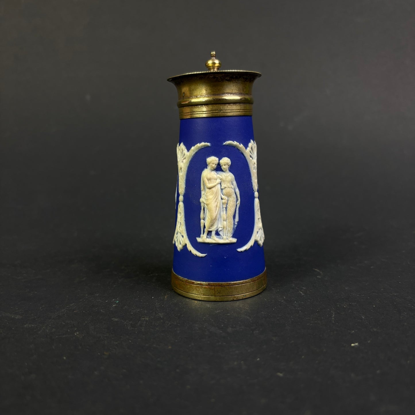 Antique Wedgwood Blue Jasperware Pot Pourri Vase with Pierced Brass Lid – England
