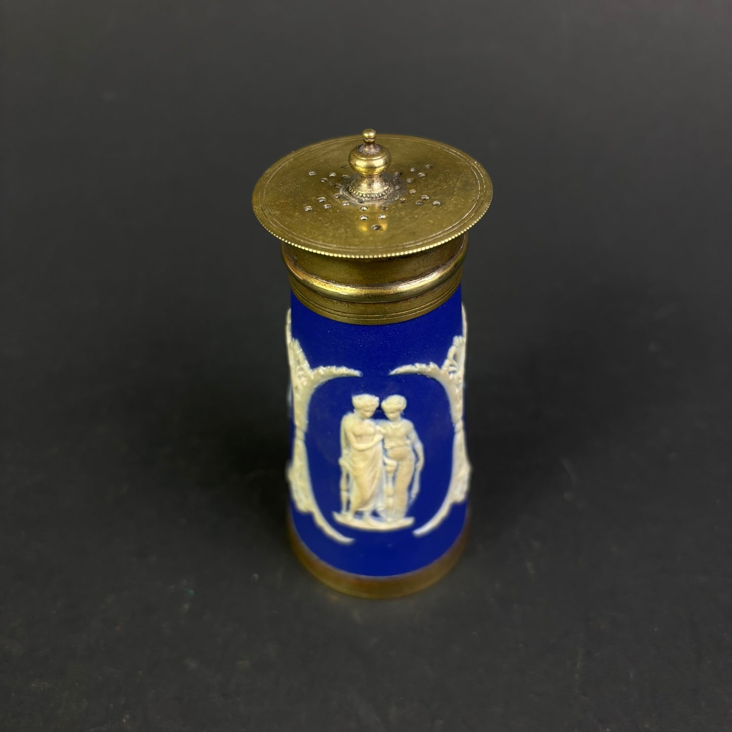 Antique Wedgwood Blue Jasperware Pot Pourri Vase with Pierced Brass Lid – England