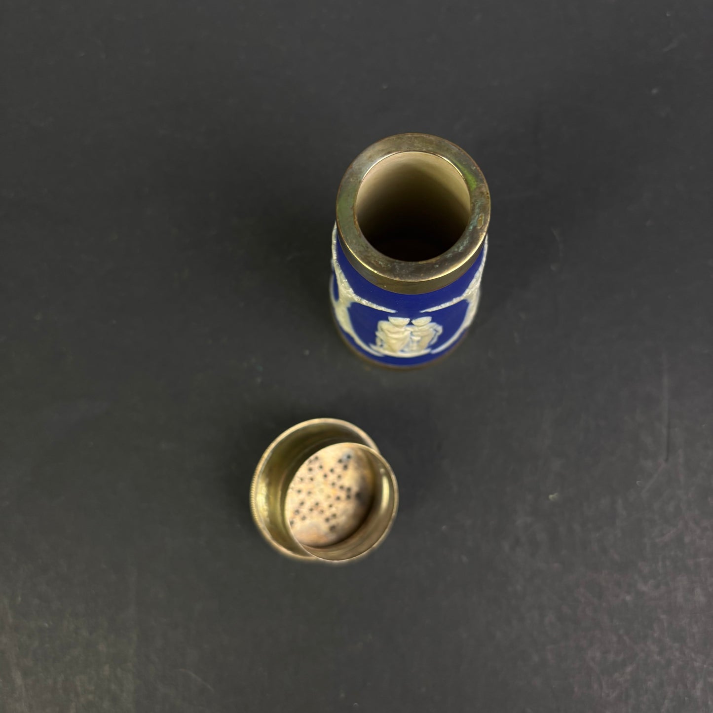 Antique Wedgwood Blue Jasperware Pot Pourri Vase with Pierced Brass Lid – England
