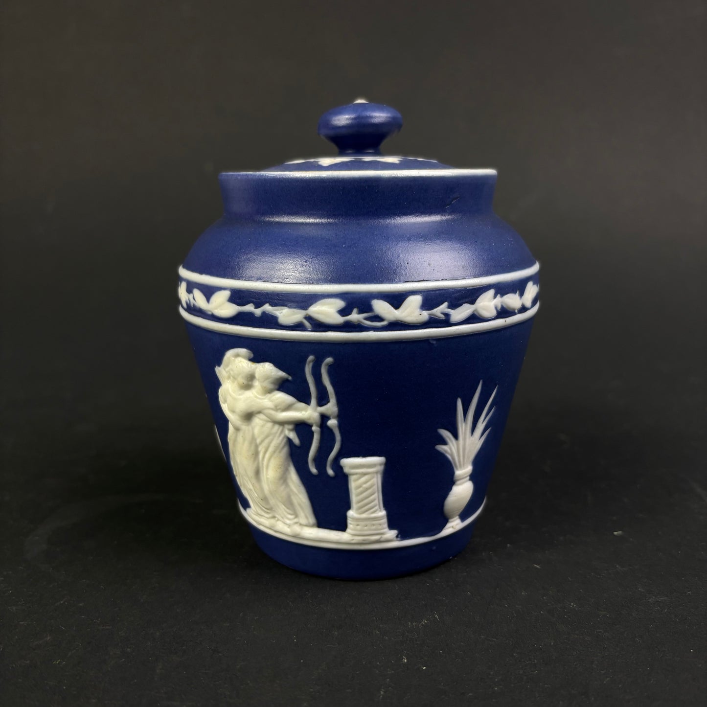 Wedgwood Blue Jasperware Lidded Trinket Jar – Classical Relief – England