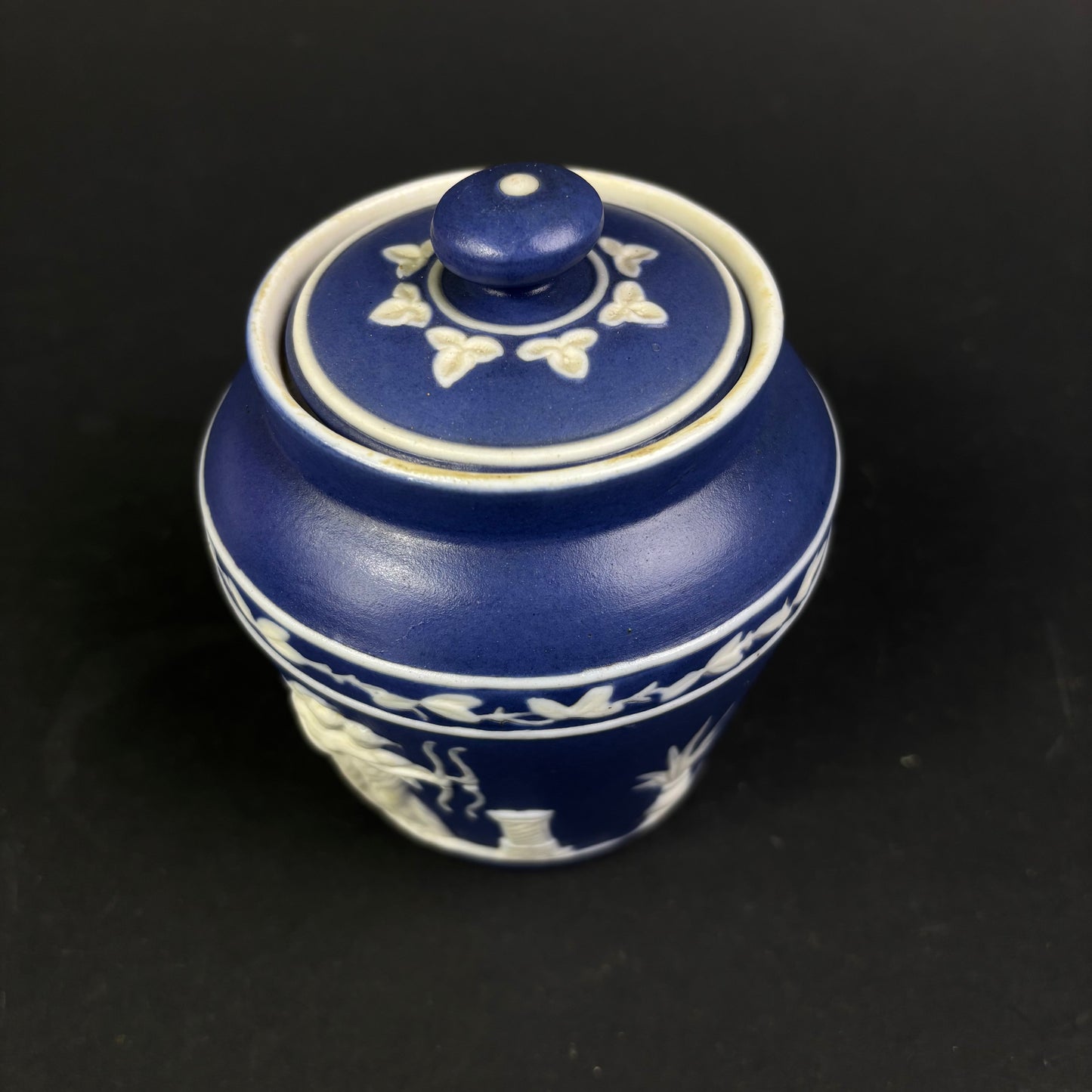 Wedgwood Blue Jasperware Lidded Trinket Jar – Classical Relief – England