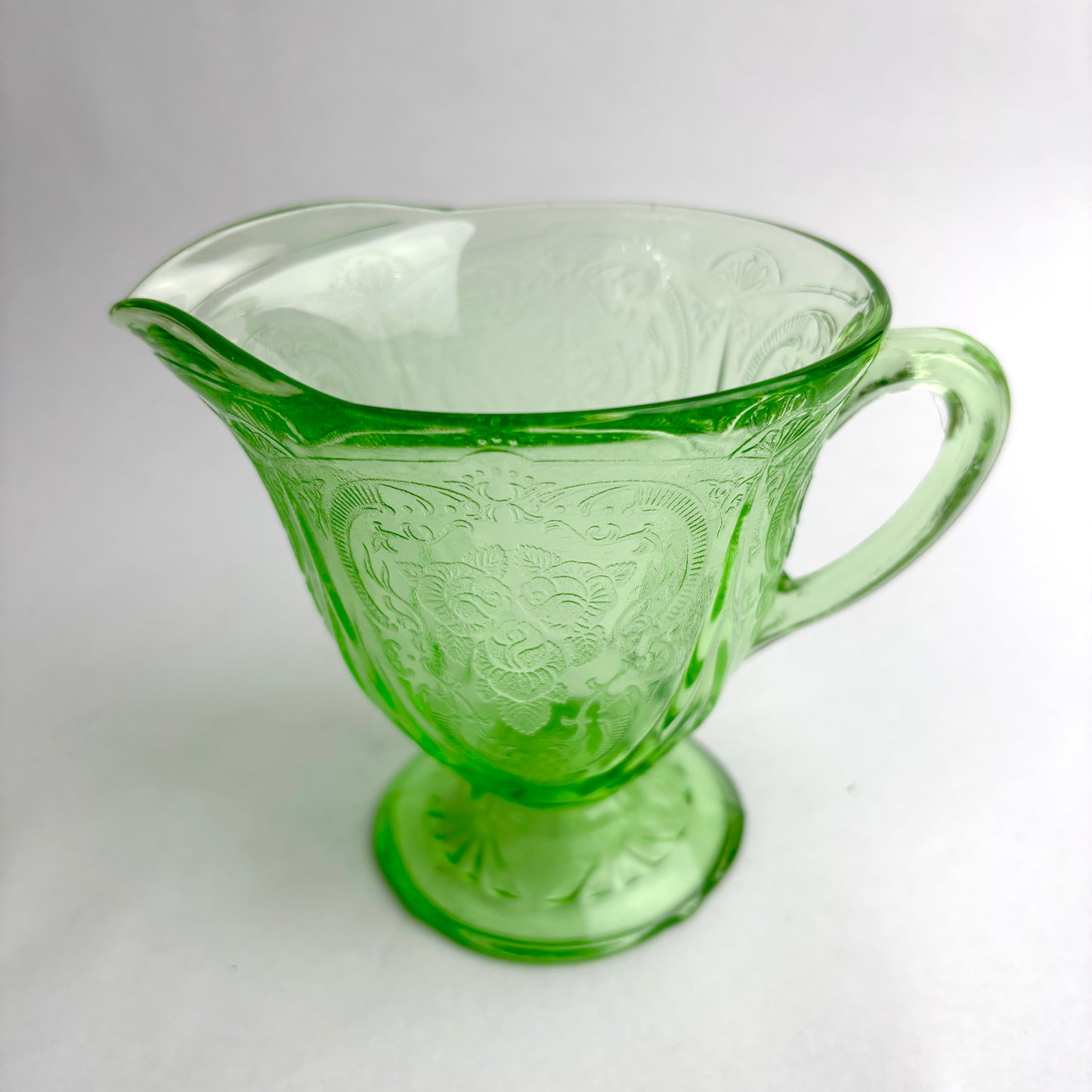 Hazel Atlas Royal Lace Green Uranium Glass Creamer Milk Jug Depression Glass