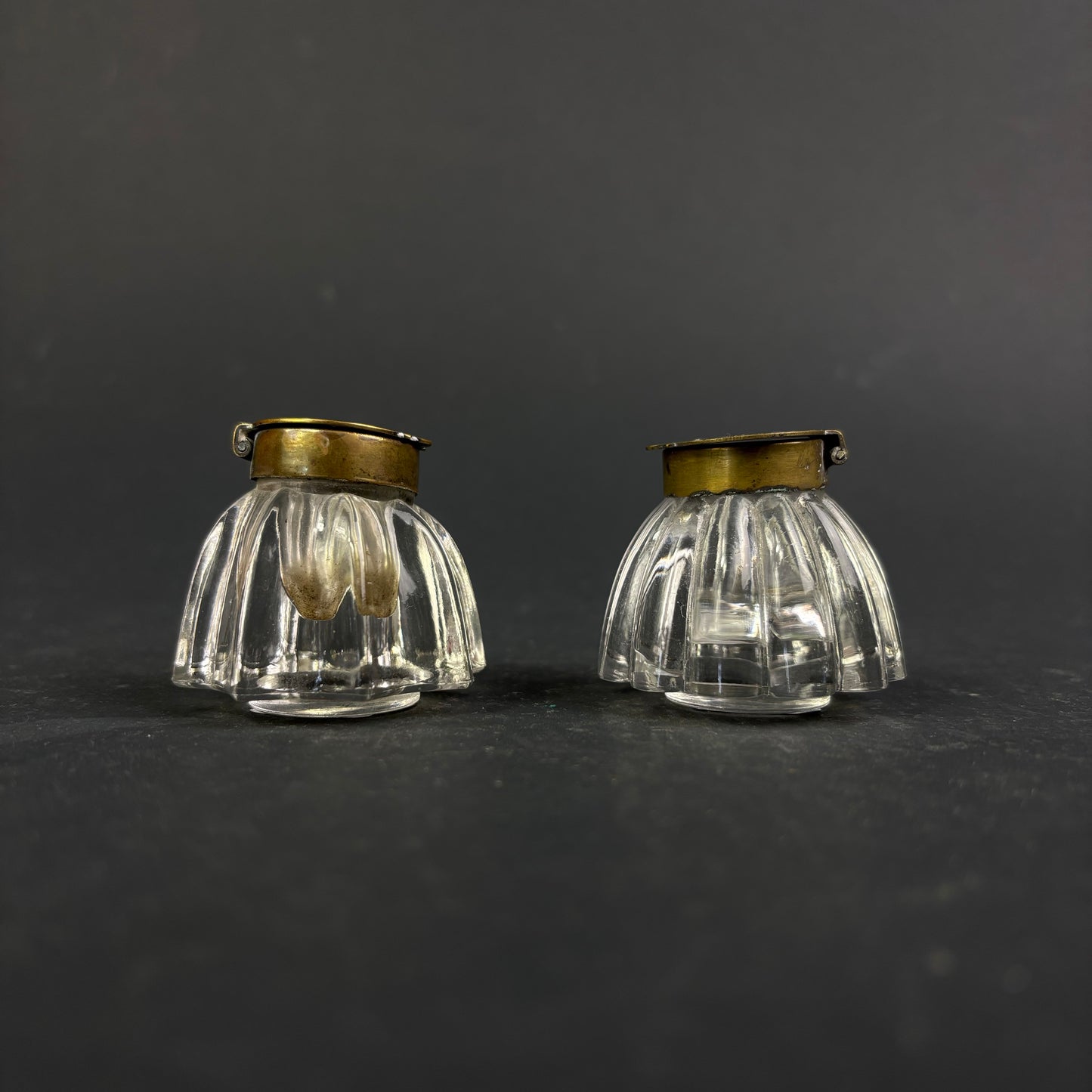 Pair of Edwardian Pressed Glass Travelling Inkwells with Brass Hinged Lids, c.1900–1910