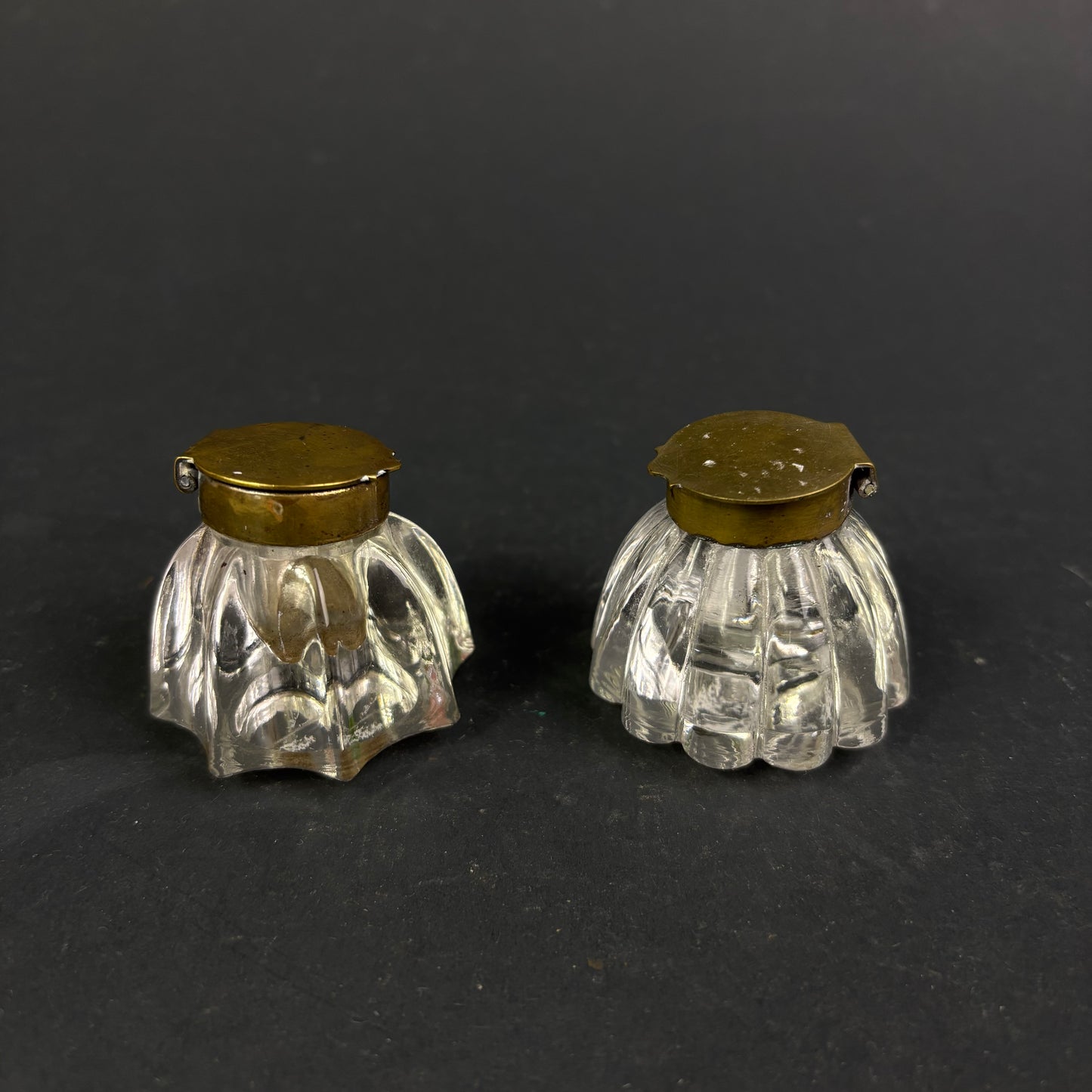 Pair of Edwardian Pressed Glass Travelling Inkwells with Brass Hinged Lids, c.1900–1910