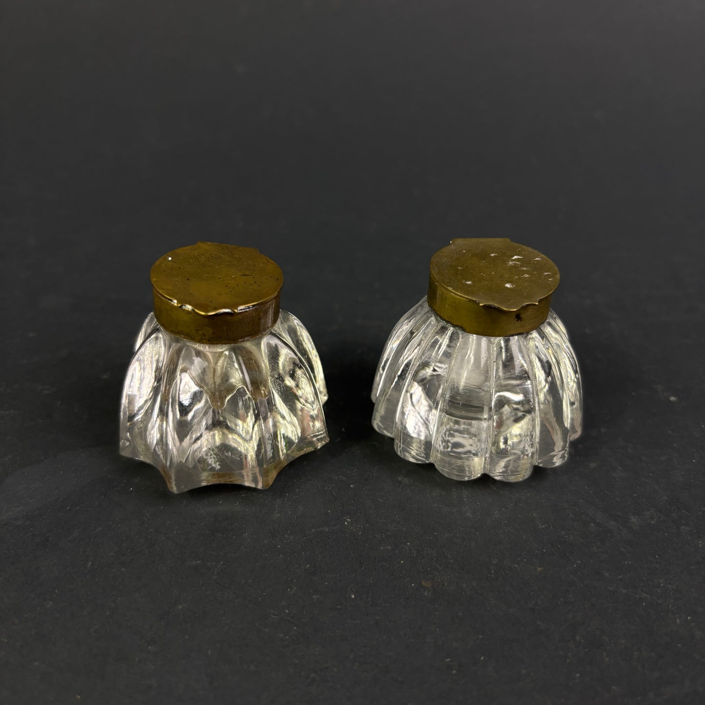 Pair of Edwardian Pressed Glass Travelling Inkwells with Brass Hinged Lids, c.1900–1910
