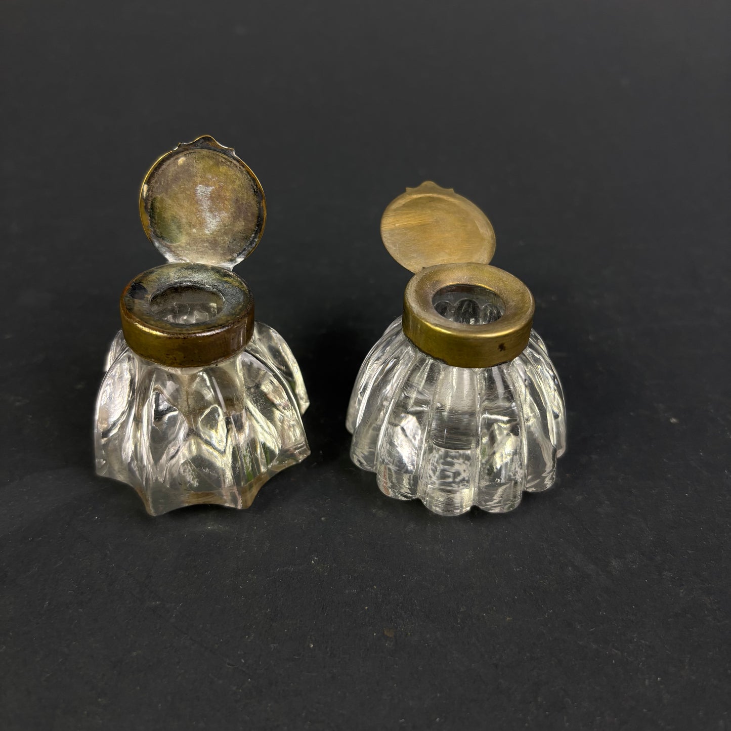 Pair of Edwardian Pressed Glass Travelling Inkwells with Brass Hinged Lids, c.1900–1910