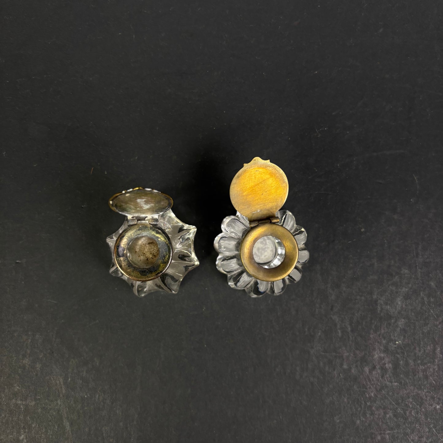 Pair of Edwardian Pressed Glass Travelling Inkwells with Brass Hinged Lids, c.1900–1910