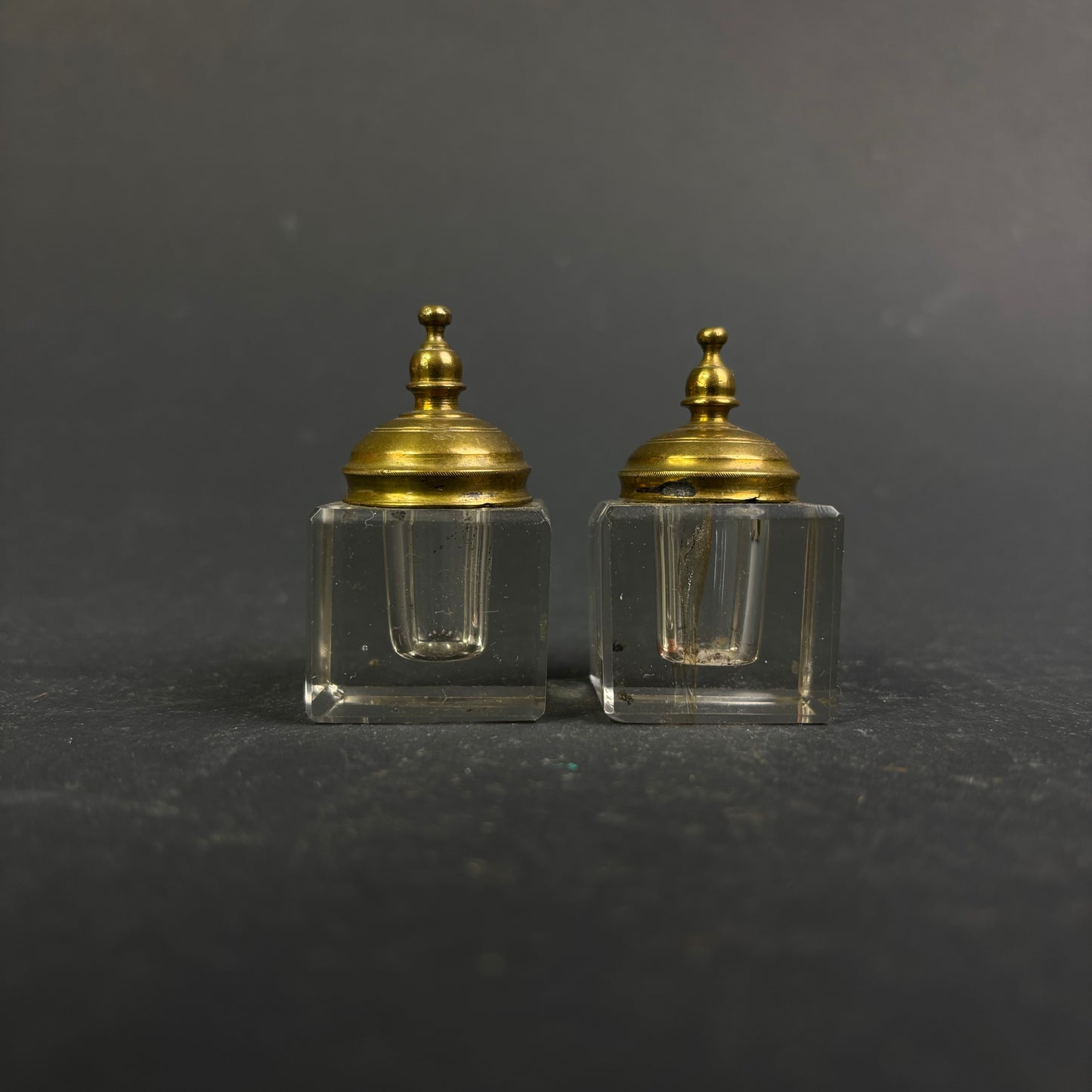 Pair of Art Deco Glass & Brass Inkwells, c.1925–1940