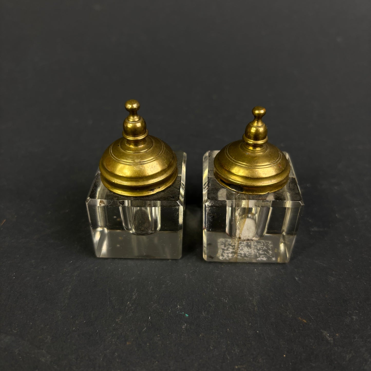 Pair of Art Deco Glass & Brass Inkwells, c.1925–1940