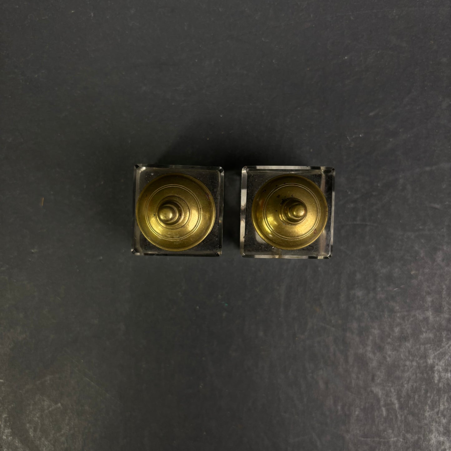 Pair of Art Deco Glass & Brass Inkwells, c.1925–1940