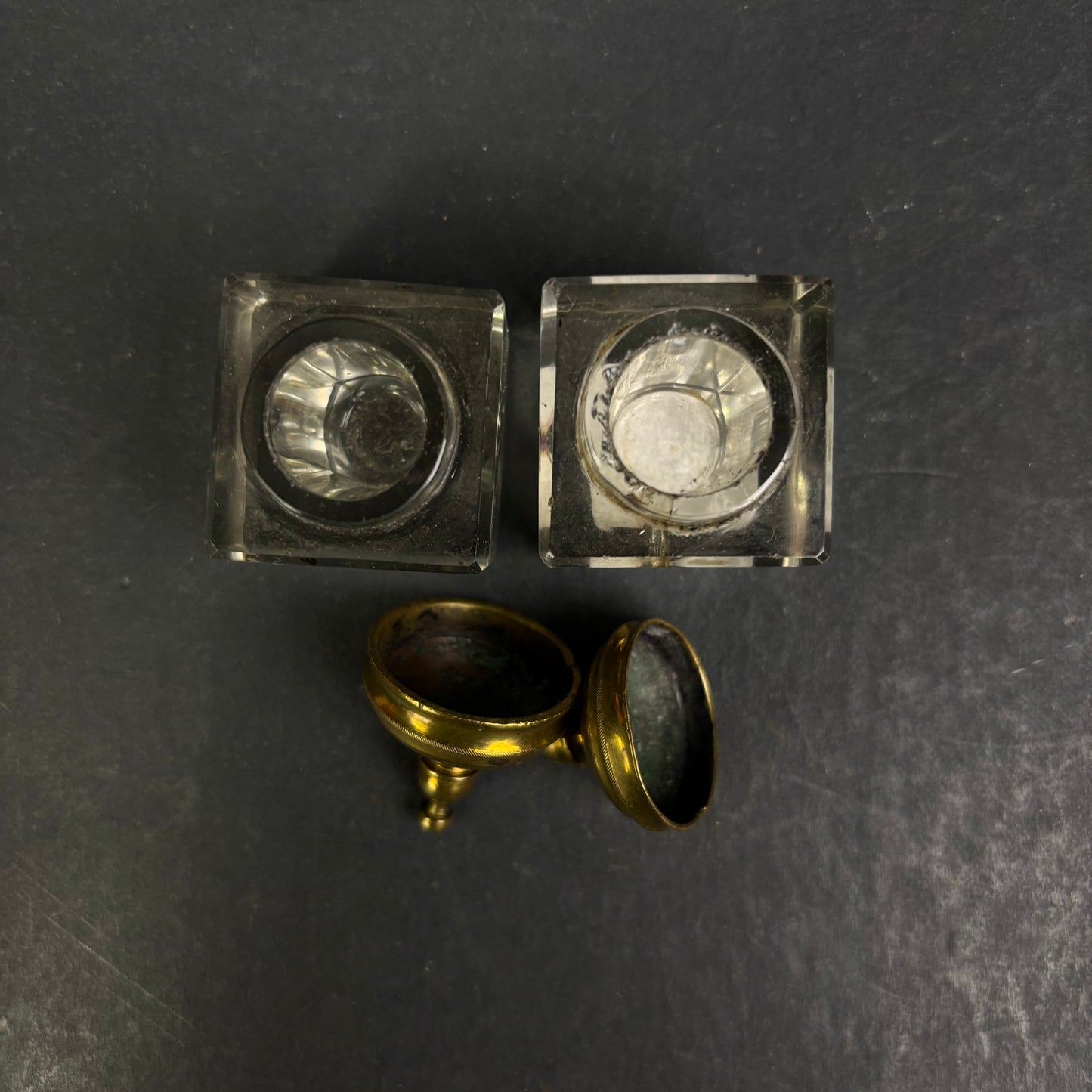 Pair of Art Deco Glass & Brass Inkwells, c.1925–1940